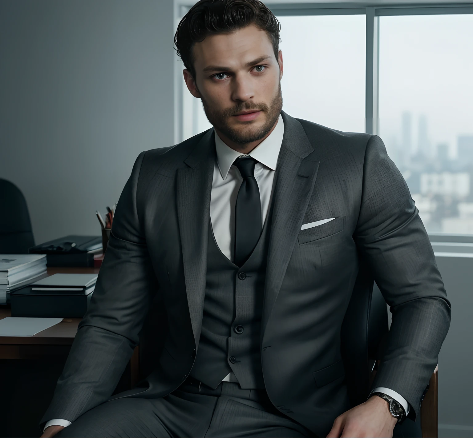 (Man ceo sitting in office chair), Wearing suit, (Beard and attractive) movie scene, (Impeccable), Serious and elegant man, Actor Jamie Dornan, with thick male eyebrows, secret agent 007 man style, (with mysterious and serious face,) short dark hair, elegant and elegant, body fit and strong fit in suit, Man similar to actor Jamie Dornan, ( high quality and realistic image), ((Best Quality, 8k, Masterpiece).