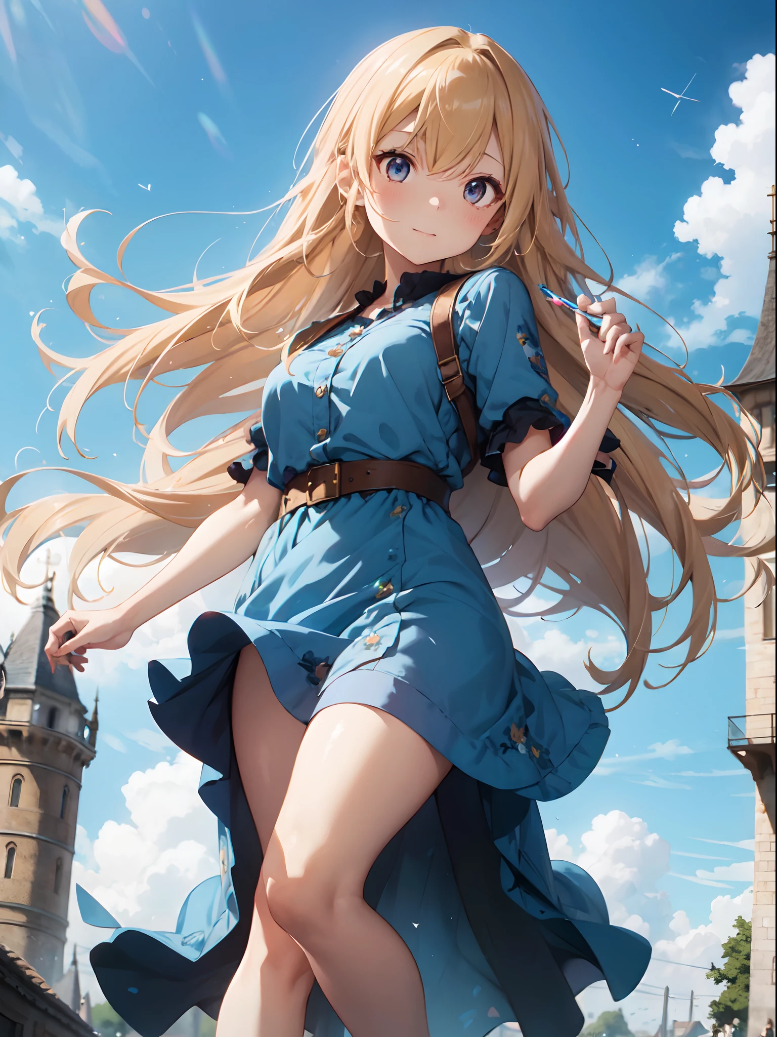 film photography, 1girl , (((whole body ))) , dynamic pose
Character: whimsical tower-bound artist
Style: fairytale enchantment
Extraordinary Feature: her long hair holds magical painting abilities
Action: Using her hair as a brush, she's painting a masterpiece on the tower wall
Hair: Impossibly long, flowing hair that cascades down the tower
Hair Color: Golden blonde with shimmering strands
Eyes: Bright blue with a hint of wonder
Clothing: simple dress with paint splatters, artist's smock
Background: tower room filled with her vibrant artworks and creative tools, medium breast, full body, (realistic detailed eyes, natural skin texture, realistic face details), finely detailed, hyperrealistic