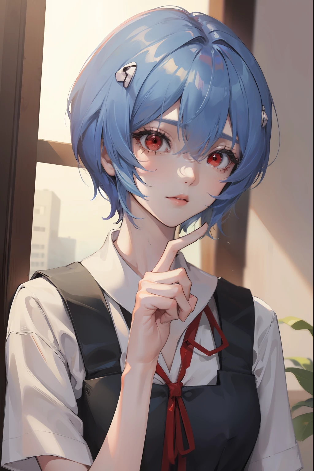 reiayanami, rei ayanami, blue hair, short hair, (red eyes:1.5),
BREAK blue dress, dress, neck ribbon, pinafore dress, red ribbon, ribbon, school uniform, short sleeves, short-sleeved sweater, sweater,
BREAK outdoors, city,
BREAK looking at viewer, 
BREAK (masterpiece:1.2), best quality, high resolution, unity 8k wallpaper, (illustration:0.8), (beautiful detailed eyes:1.6), extremely detailed face, perfect lighting, extremely detailed CG, (perfect hands, perfect anatomy),