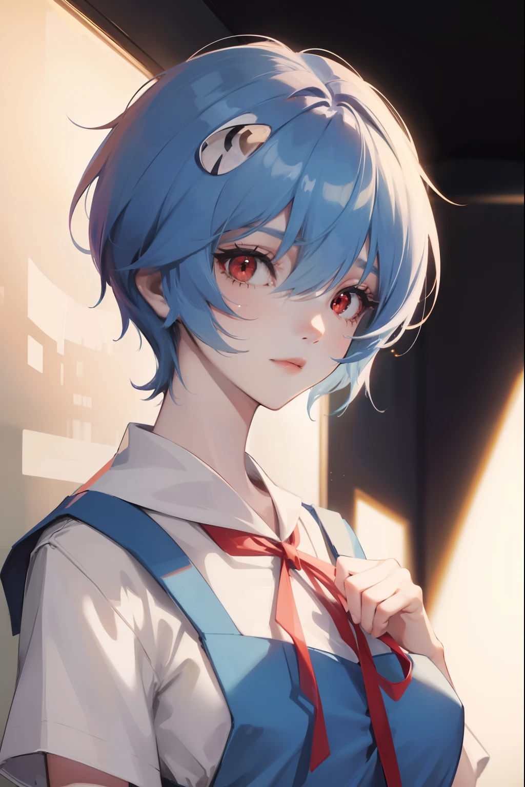 reiayanami, rei ayanami, blue hair, short hair, (red eyes:1.5),
BREAK blue dress, dress, neck ribbon, pinafore dress, red ribbon, ribbon, school uniform, short sleeves, short-sleeved sweater, sweater,
BREAK outdoors, city,
BREAK looking at viewer, 
BREAK (masterpiece:1.2), best quality, high resolution, unity 8k wallpaper, (illustration:0.8), (beautiful detailed eyes:1.6), extremely detailed face, perfect lighting, extremely detailed CG, (perfect hands, perfect anatomy),