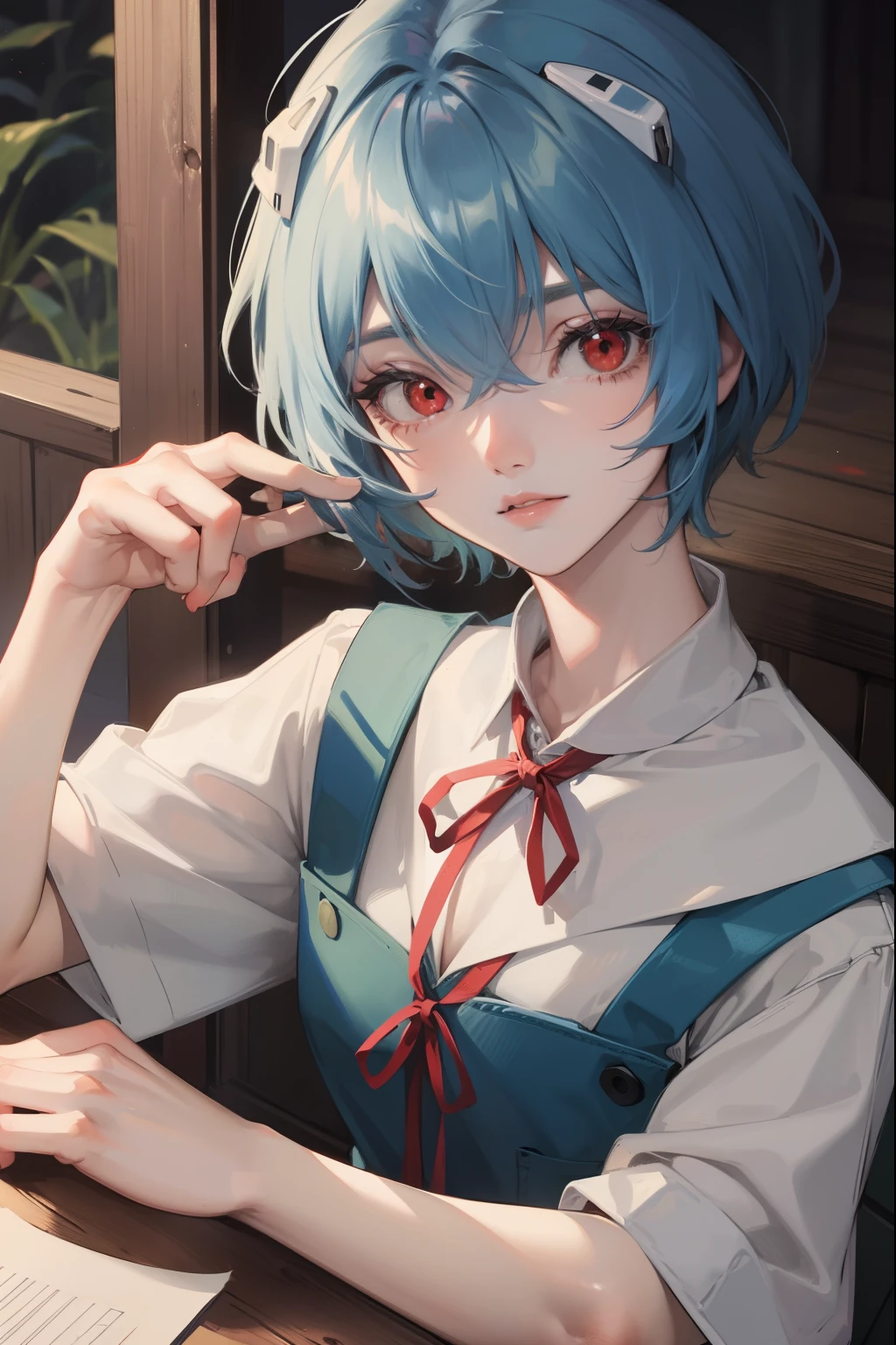 reiayanami, rei ayanami, blue hair, short hair, (red eyes:1.5),
BREAK blue dress, dress, neck ribbon, pinafore dress, red ribbon, ribbon, school uniform, short sleeves, short-sleeved sweater, sweater,
BREAK outdoors, city,
BREAK looking at viewer, 
BREAK (masterpiece:1.2), best quality, high resolution, unity 8k wallpaper, (illustration:0.8), (beautiful detailed eyes:1.6), extremely detailed face, perfect lighting, extremely detailed CG, (perfect hands, perfect anatomy),