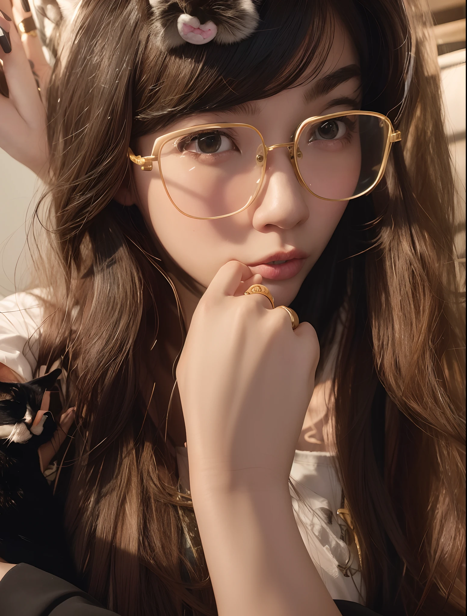 there is a cute girl with glasses and a cat on her head, with glasses, wearing thin large round glasses, ulzzang, belle delphine, spectacled, transparent glasses, glasses, with square glasses, wearing small round glasses, girl with glasses, wearing gold glasses, thick glasses, wearing round glasses, glasses glasses, girl wearing round glasses, anime
