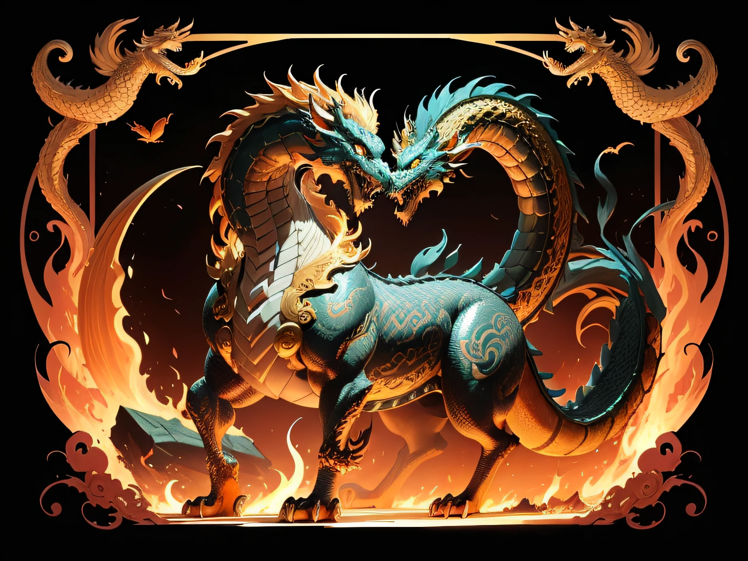 There is a golden dragon，There is a fish on the back, chinese dragon engrave, Chinese Dragon, smooth chinese dragon, Golden dragon, fire lion, a majestic gothic indian dragon, chinese dragon concept art, colored illustration for tattoo, ancient chinese ornate, mythological creatures, digital painting of quetzalcoatl, majestic japanese dragon, Dragon, asian dragon as latte art