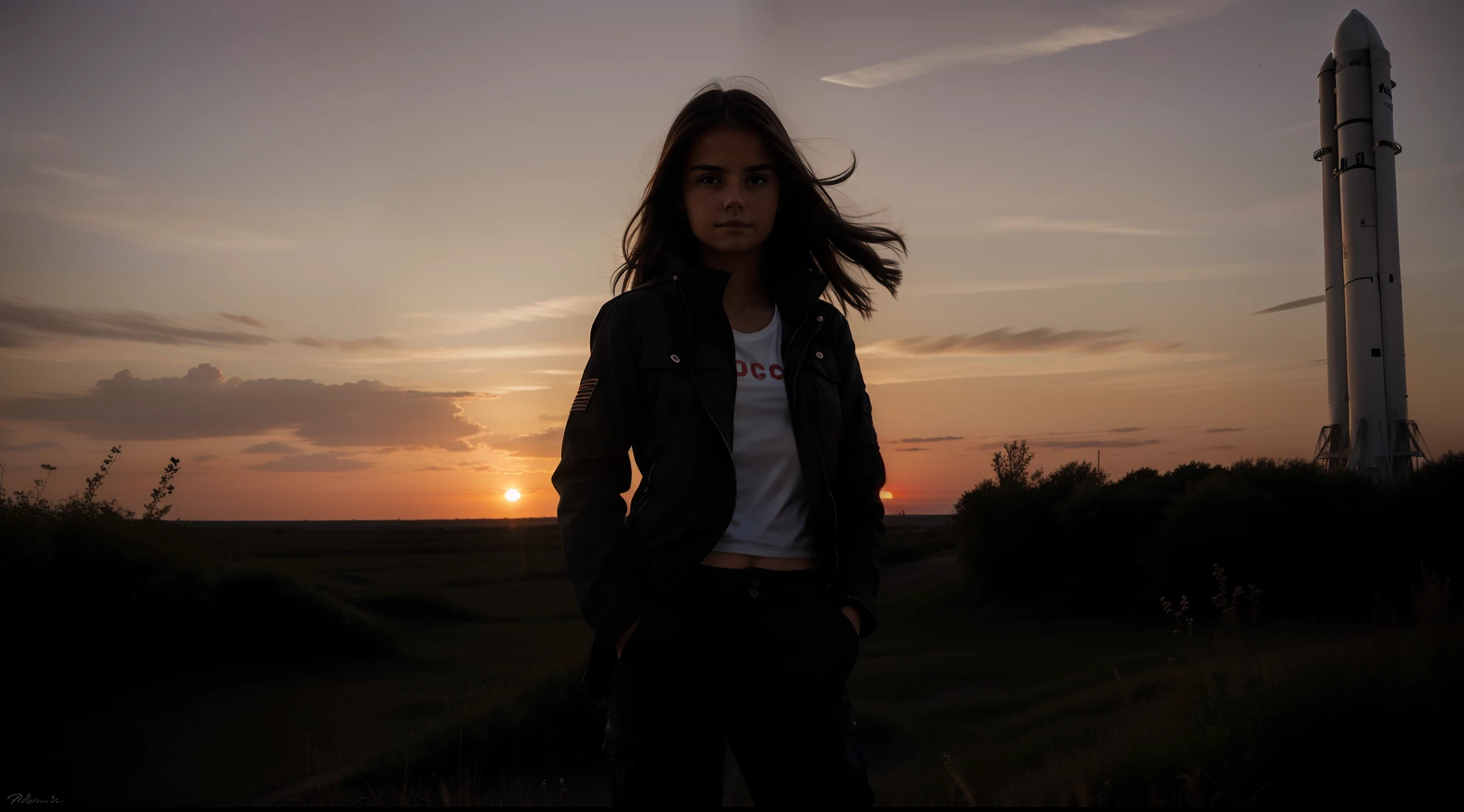 une jeune fille brune de 18 ans, no tanned skin, Pantalon cargo noir, at a rocket launch site, coucher de soleil, nu