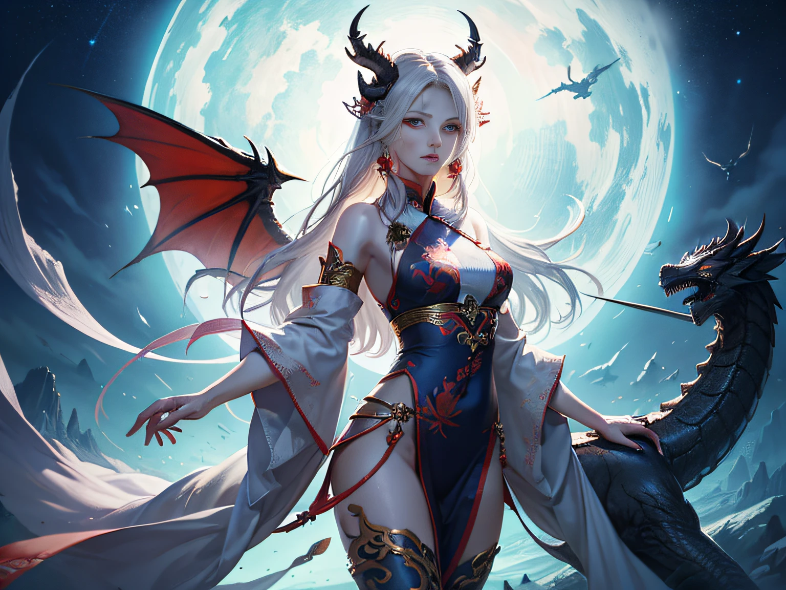 tmasterpiece,A high resolution,CG animation,Realisticstyle,(Mythical creatures of ancient China,Pixiu,There is a tiger body,The head of a dragon,Dragon's tail,There are wings on the back,Off-white hair,The head has double horns)