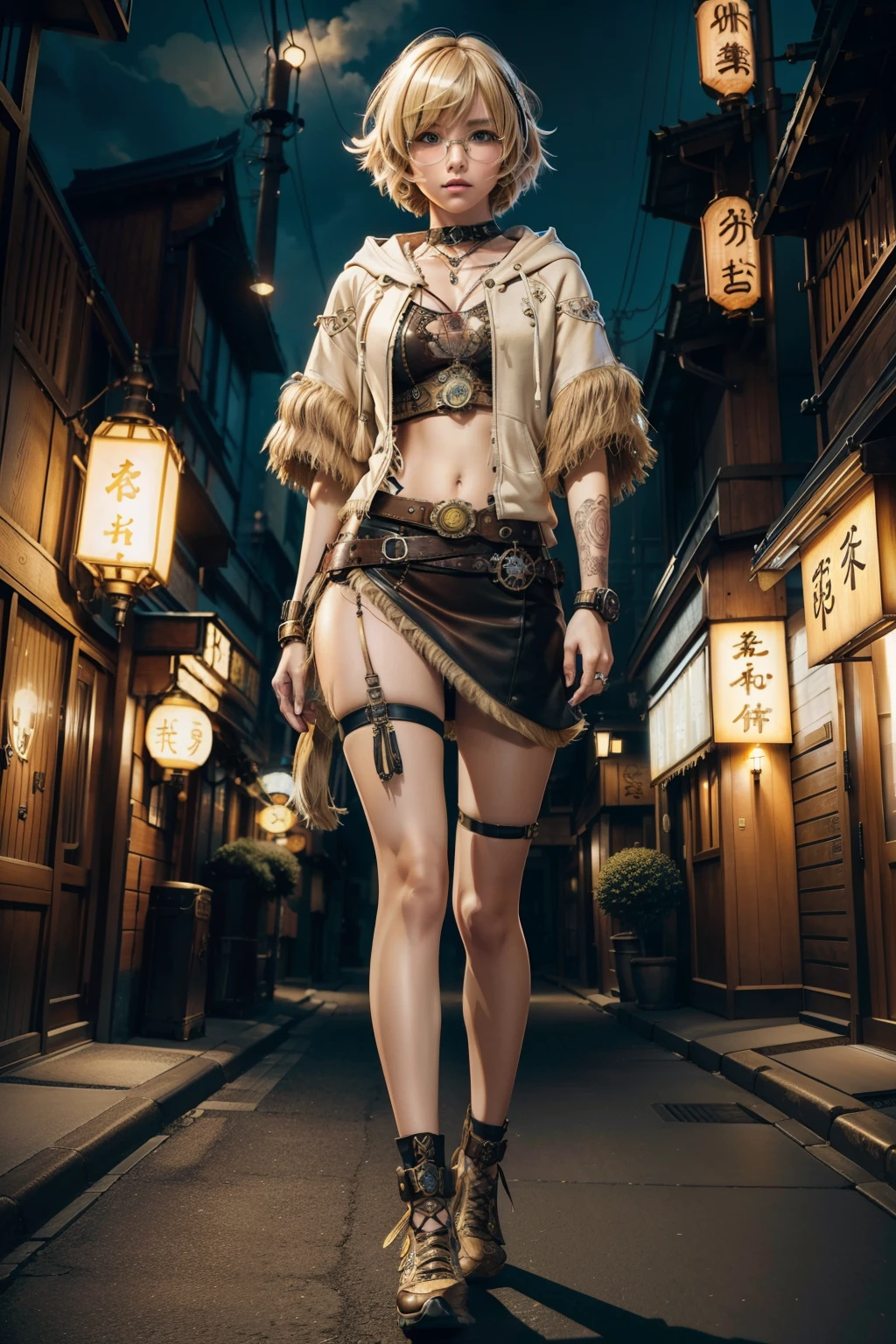 graphic steampunk illustration with multilayered and exudes realism, full body shot, (1 energetic girl is 14 years old:0.9), (inverted triangle face:0.9), (milky blonde short shaggy hair with bangs:1.3), (small nose:1.1), (cool glasses:0.9), mesh fabric hood hoodie, check mini skirt, carved leather shoes, sport under wear, very bold colors, rich colors, intricate costumes, smooth and flawless skin, steampunk with neo-traditional japan inspire cityscape background, 100 years into the future, neon illumination lighting, tonal contrast, photo painting, digital colored, intricately detailed, insanely detailed texture, extremely detailed detail, (professional art work:1.2), 16K, ultra quality, best quality, (highest quality:1.3),