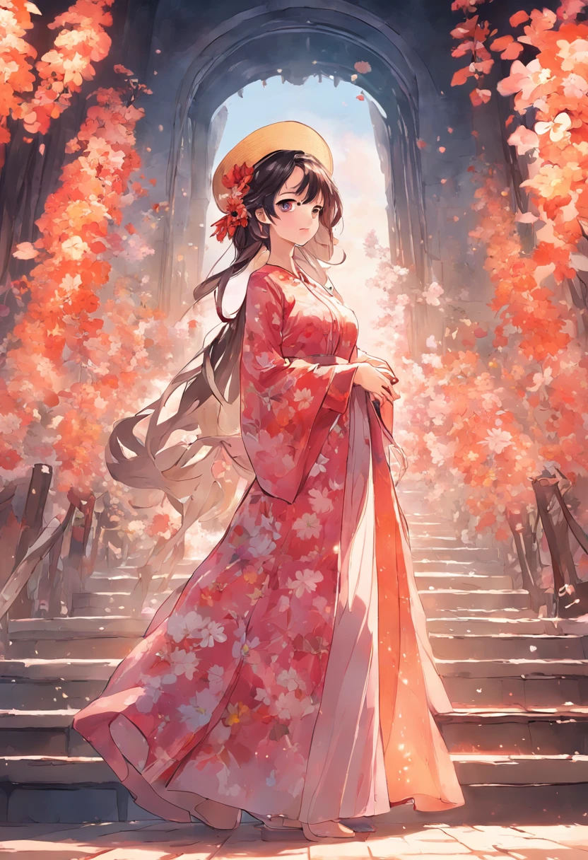 there is a woman in a colorful dress and hat standing on steps, ao dai, wearing a long flowery dress, in style of lam manh, wearing a long dress, vietnamese woman, wearing floral chiton, beautiful lady, posing elegantly over the camera, traditional tai costume, dressed in a flower dress, posing elegantly, wearing a wonderful dress, gorgeous lady