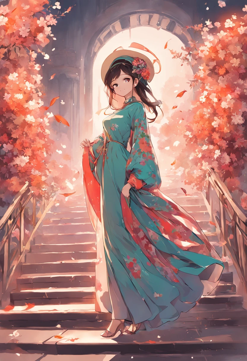 there is a woman in a colorful dress and hat standing on steps, ao dai, wearing a long flowery dress, in style of lam manh, wearing a long dress, vietnamese woman, wearing floral chiton, beautiful lady, posing elegantly over the camera, traditional tai costume, dressed in a flower dress, posing elegantly, wearing a wonderful dress, gorgeous lady