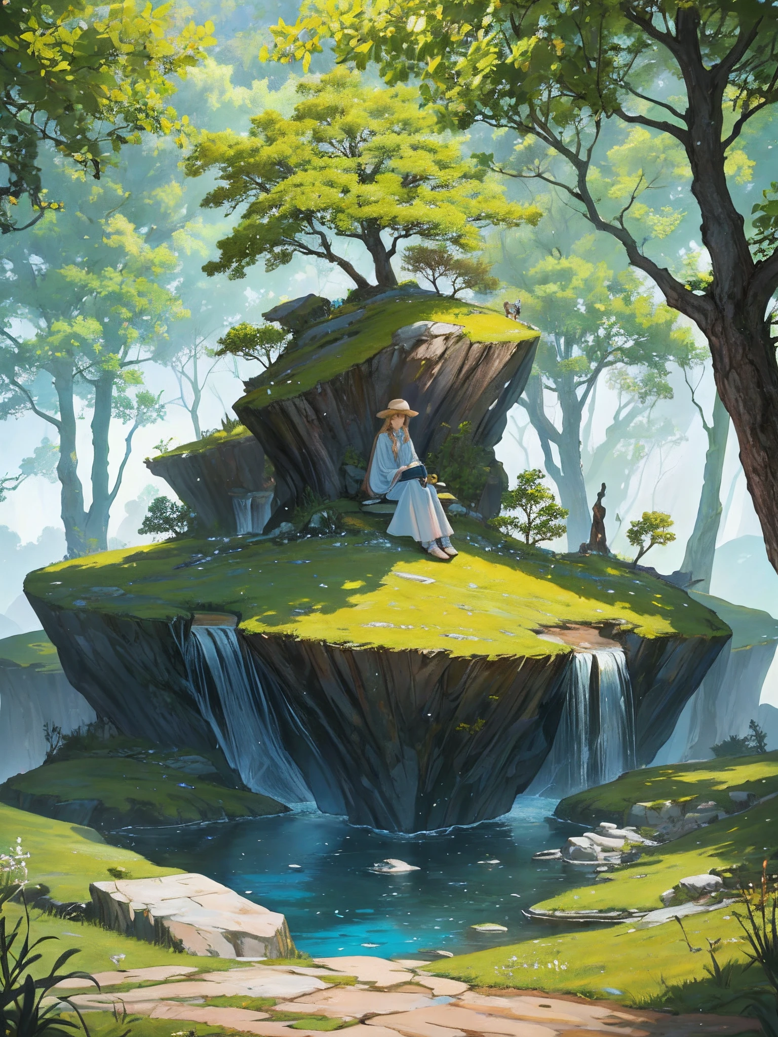 (A masterpiece, of the best quality:1.15), no man, nebular, Scenic hiking trails, trees, rock, green, natural light, peaceful