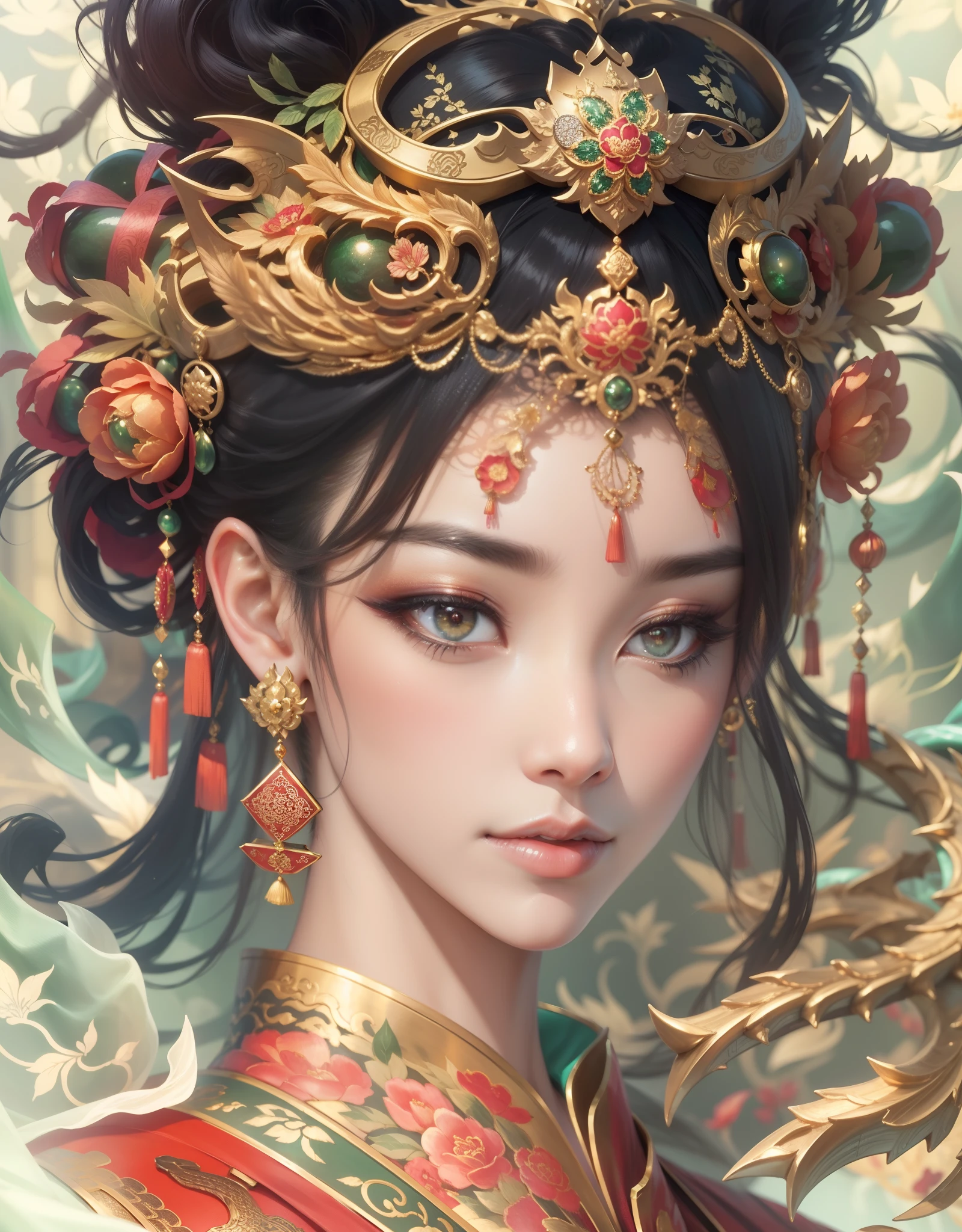 1 Empress of China, golden jewelery, ancient China, shiny fabrics, makeup, Masterpiece, Chinese Luxury, portraite of a, a closeup of a, jade, Ao fundo, You can see the Forbidden City, Dragon Spirit, radiance, shiny pollen, Elegantly, filigree, Cinematic, 4k