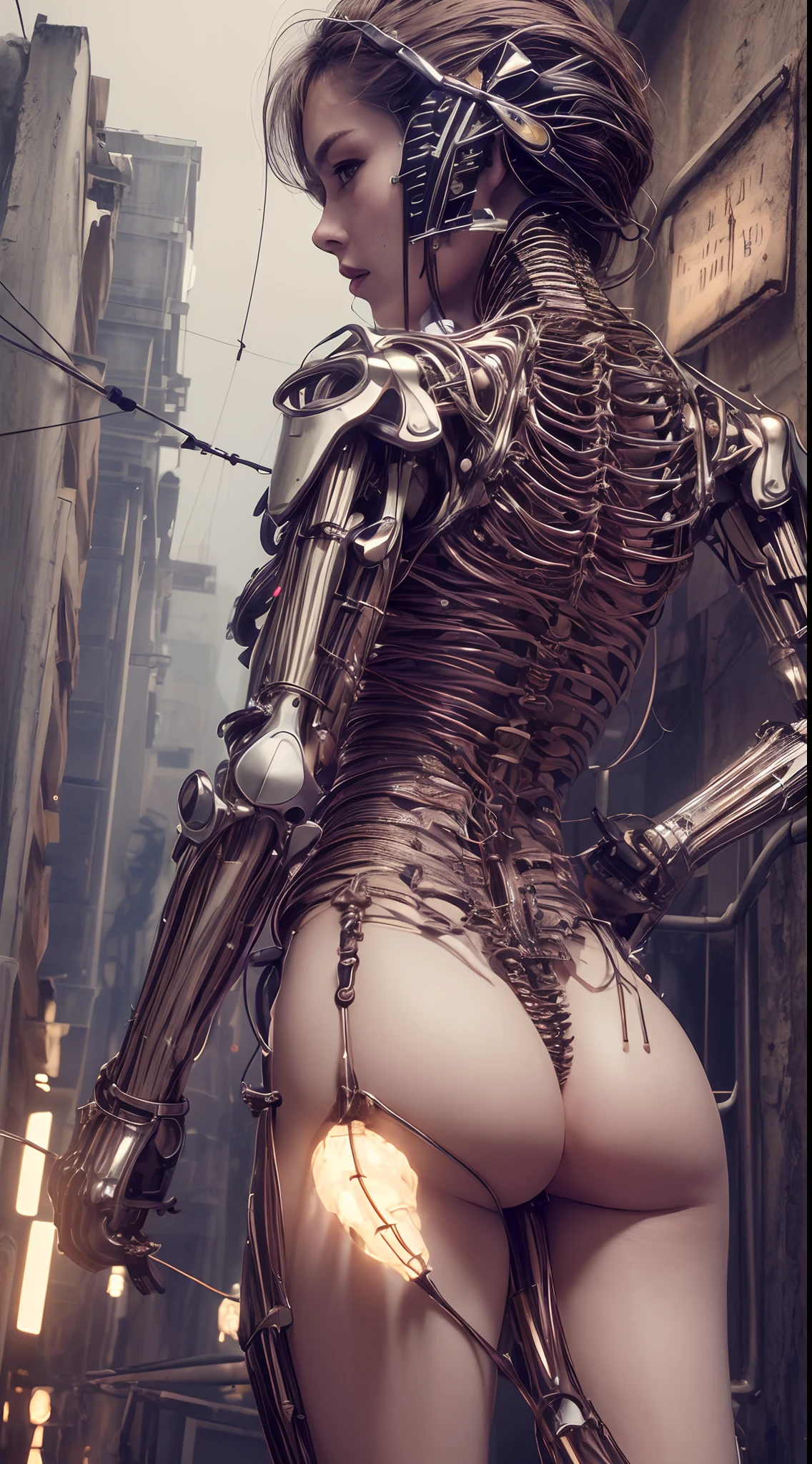 (((masterpiece))), ((best quality)), (ultra-detailed), (CG illustration), (an extremely devious and beautiful)), cinematic light, ((1 mechanical girl)), single, (machine-made joints: 1.4), ((mechanical limbs)), ( blood vessels attached to the tube), ((mechanical spine attached to the back)), ((mechanical cervical vertebrae attached to the neck), ((back to the viewer)), expressionless, (wires and cables attached to the head and body: 1.5), science fiction, apocalypse, ruins, dawn scenery, dawn
