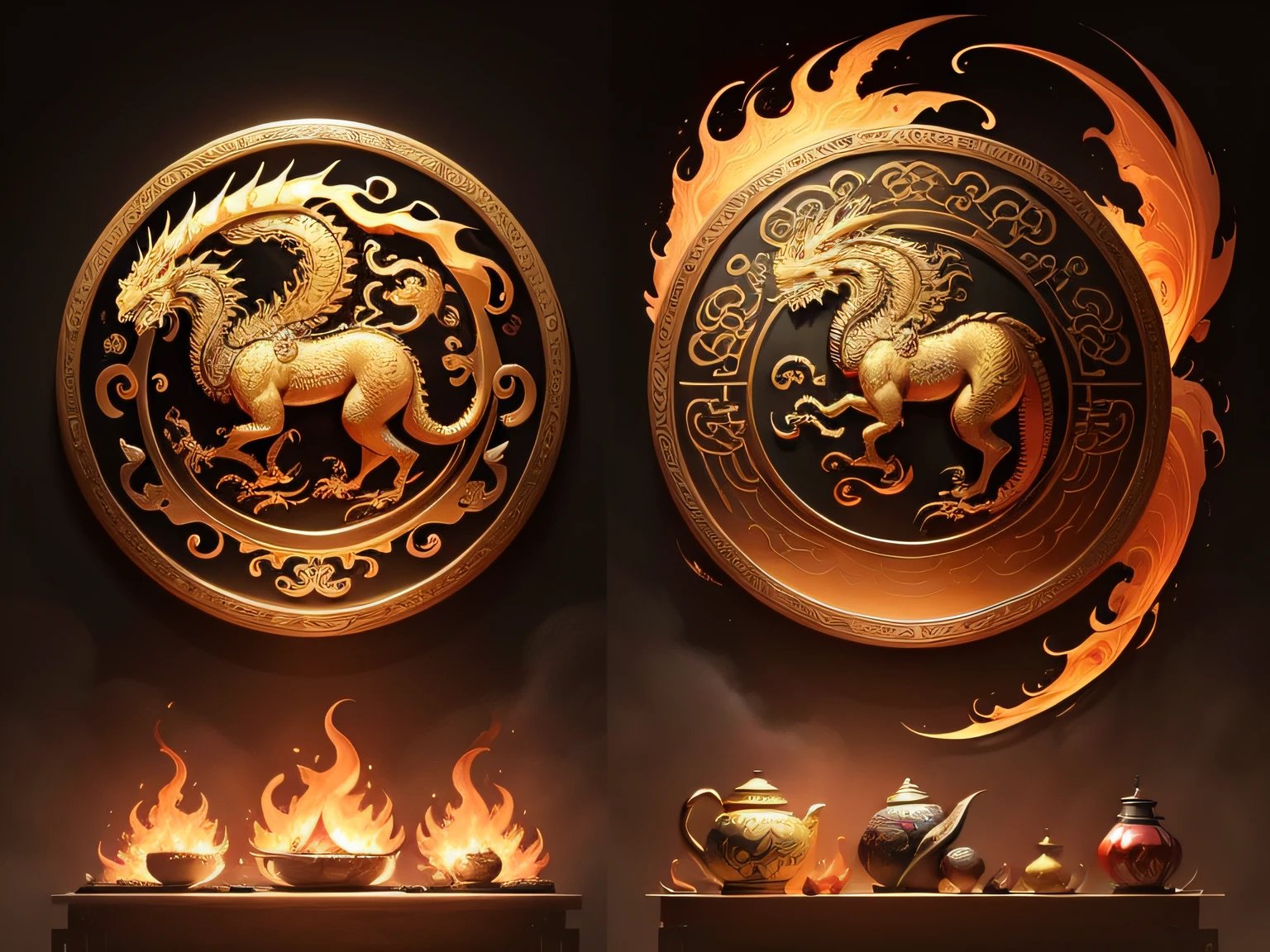 There is a golden dragon,There is a fish on the back, chinese dragon engrave, Chinese Dragon, smooth chinese dragon, Golden dragon, fire lion, a majestic gothic indian dragon, chinese dragon concept art, colored illustration for tattoo, ancient chinese ornate, mythological creatures, digital painting of quetzalcoatl, majestic japanese dragon, Dragon, asian dragon as latte art