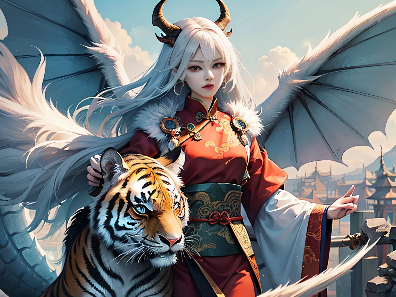 Mythical creatures of ancient China，Pixiu，There is a tiger body，The head of a dragon，Dragon's tail，There are wings on the back，Off-white hair，The head has double horns）