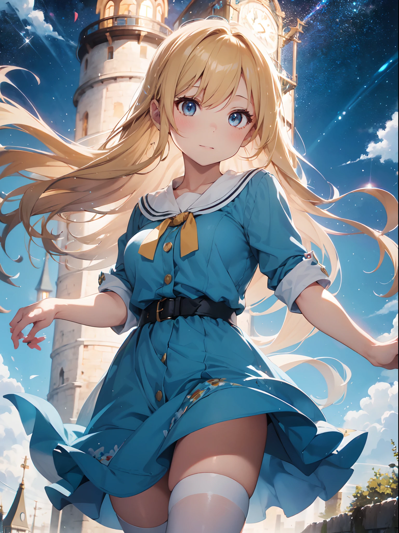 film photography, 1girl , (((whole body ))) , dynamic pose

Character: whimsical tower-bound artist
Style: fairytale enchantment
Extraordinary Feature: her long hair holds magical painting abilities
Action: Using her hair as a brush, she's painting a masterpiece on the tower wall
Hair: Impossibly long, flowing hair that cascades down the tower
Hair Color: Golden blonde with shimmering strands
Eyes: Bright blue with a hint of wonder
Clothing: simple dress with paint splatters, artist's smock
Background: tower room filled with her vibrant artworks and creative tools, medium breast, full body, (realistic detailed eyes, natural skin texture, realistic face details), finely detailed, hyperrealistic