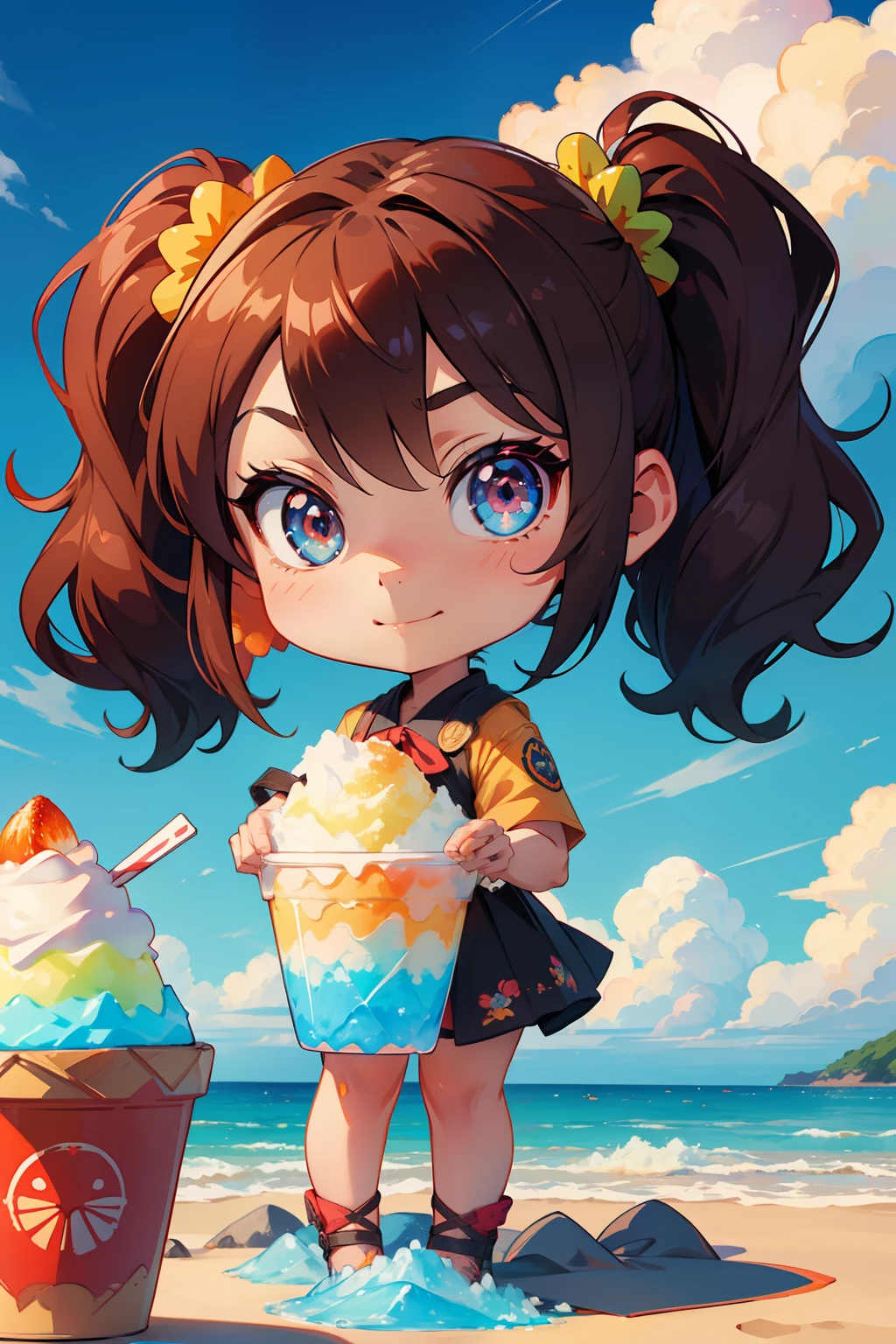 masutepiece, High resolution, 8K, anime woman, Delicate and detailed writing 、Detailed digital illustration、(Chibi:1.2)、（​masterpiece:1.4）、（top-quality：1.4)、（a very pretty girl、hyperdetailed face、Eyes Like Gems、very long light brown hair、Colorful gradient hair:1.4）、（full body Esbian、Perfect two arms、Perfect two legs:1.4）、(Perfect four fingers:1 thumb)、brilliance、Ultra-fine、Pigtails、细致背景、Fantastical、Underexposed eyes、hiking clothes、There is a big red ribbon on the clothes、Fantastic background、eyes large and double,,,,,,,,,,,,,,,,、Eyes are orange gradients、Sparkly orange pupils、Soothing、Greet with your best smile、Beautiful Hawaiian ocean background、(((Colorful shaved ice topped with fruit)))、Blue sky on sunny background、Eat shaved ice at your desk