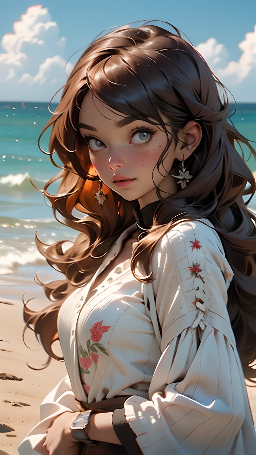 (Best Quality, Masterpiece), Best Quality, High Resolution, Masterpiece, best detail, 8K, close up, Realistic, 35mm, intricate detials, HDR, intricate detials, ultra detail, natural skin textures, surrealism, Sharp, Best Quality, High Resolution, (one girls: 1.6), (the lora:Russian doll: 0.4), (the lora:Taiwanese doll: 0.4), (Best Quality, 8K, Masterpiece: 1.3), Highly Detailed Facial and Skin Texture, A detailed eye,  double eyelids, Discolored skin, hairlong, the current end, (round face: 1.4), blue skies, white clouds, horizon, Sea, (Bechin's Form) Shooting angle, (Cowboy shot) Cowboy Corner, Add to your charm, red hair