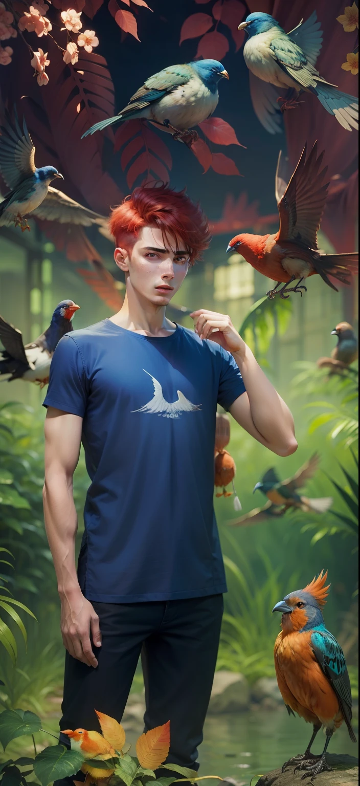 Boy With Birds futuristic background realistic fack ,fantastic cloth, bule,red hair, cyberpank high quality Picture Hd