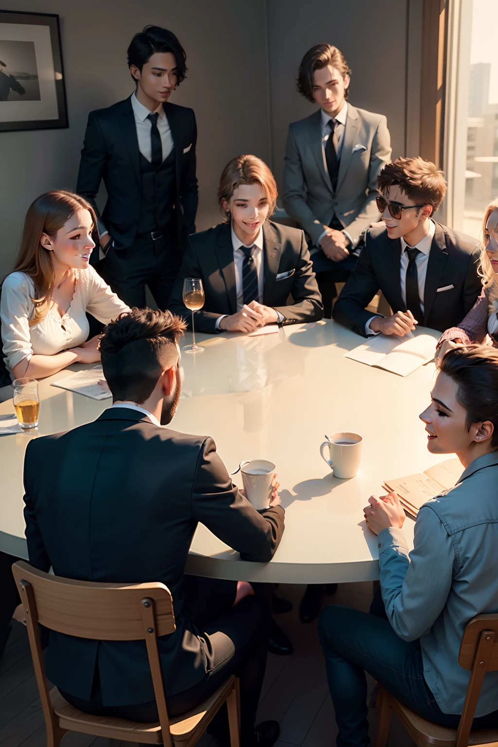 a group of young friends, 5 people, 3 men and 2 women, sitting around the table having a happy chat about their future.