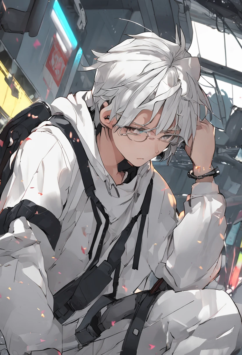 Japanese anime youth with white hair, VR glasses, a giant sword on his back, a white hoodie, white shorts, no beard tattoos, no items in his hands