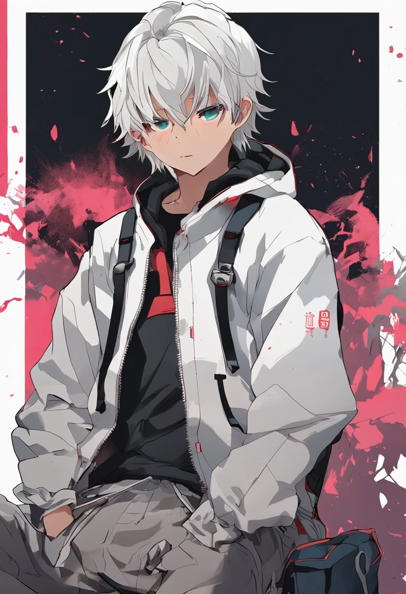 Gray-haired Japanese anime youth, VR glasses,, White hoodie, White shorts, No tattoos, No beard