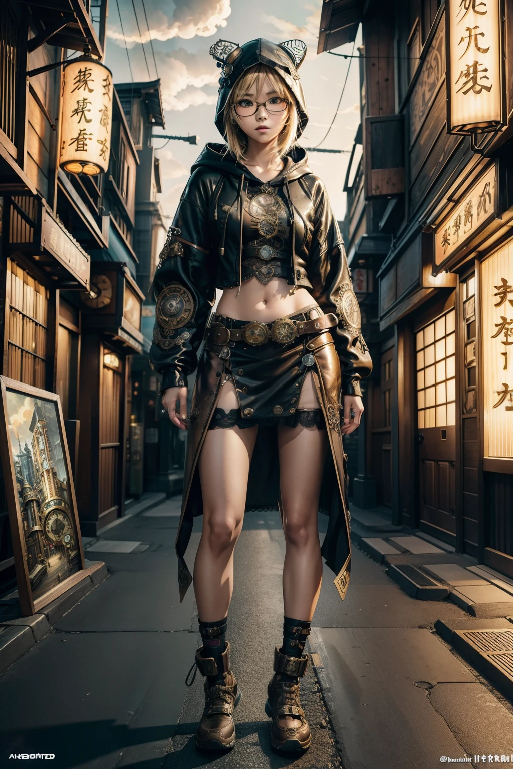 graphic steampunk illustration with multilayered and exudes realism, full body shot, 1 energetic girl is 14 years old, (inverted triangle face:0.8), (milky blonde short shaggy hair with bangs:0.7), (small nose:1.1), (cool glasses:0.9), mesh fabric hood hoodie, check mini skirt, carved leather shoes, sport under wear, very bold colors, rich colors, intricate costumes, smooth and flawless skin, steampunk with neo-traditional japan inspire cityscape background, 100 years into the future, neon illumination lighting, tonal contrast, photo painting, digital colored, intricately detailed, insanely detailed, extremely detailed, professional art work, 16K, ultra quality, best quality, highest quality,