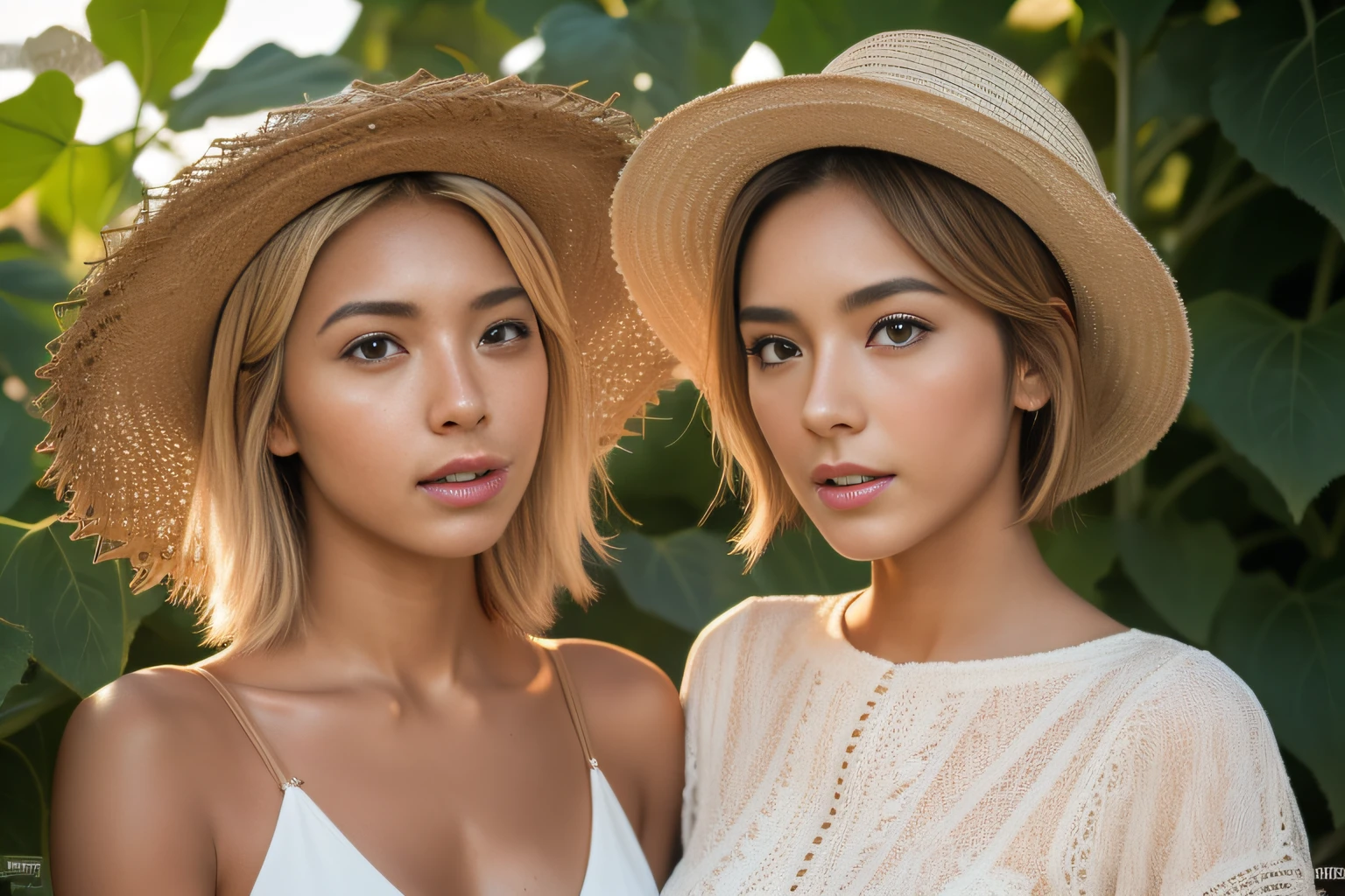8k, best quality, ultra high res, (photo realistic:1.4), (Japanese famous actress:1.3), very beautiful, kawaii, cinematic, professional photograph, an extremely delicate and beautiful, extremely detailed, extremely detailed beautiful girl, extremely detailed face, extremely detailed eyes, extremely detailed skin, extremely detailed fingers, extremely detailed nose, extremely detailed mouth, perfect anatomy, realistic body, fair skin, shiny skin, slender body, good figure, looking at viewer, blond hair, short hair, sunflower field, (Tanned skin:1.4), Black Gal, tube top, crop top look, shorts, straw hat, dynamic lighting, light particle, sunlight, shadow, cowboy shot, armpit, extremely long shot,