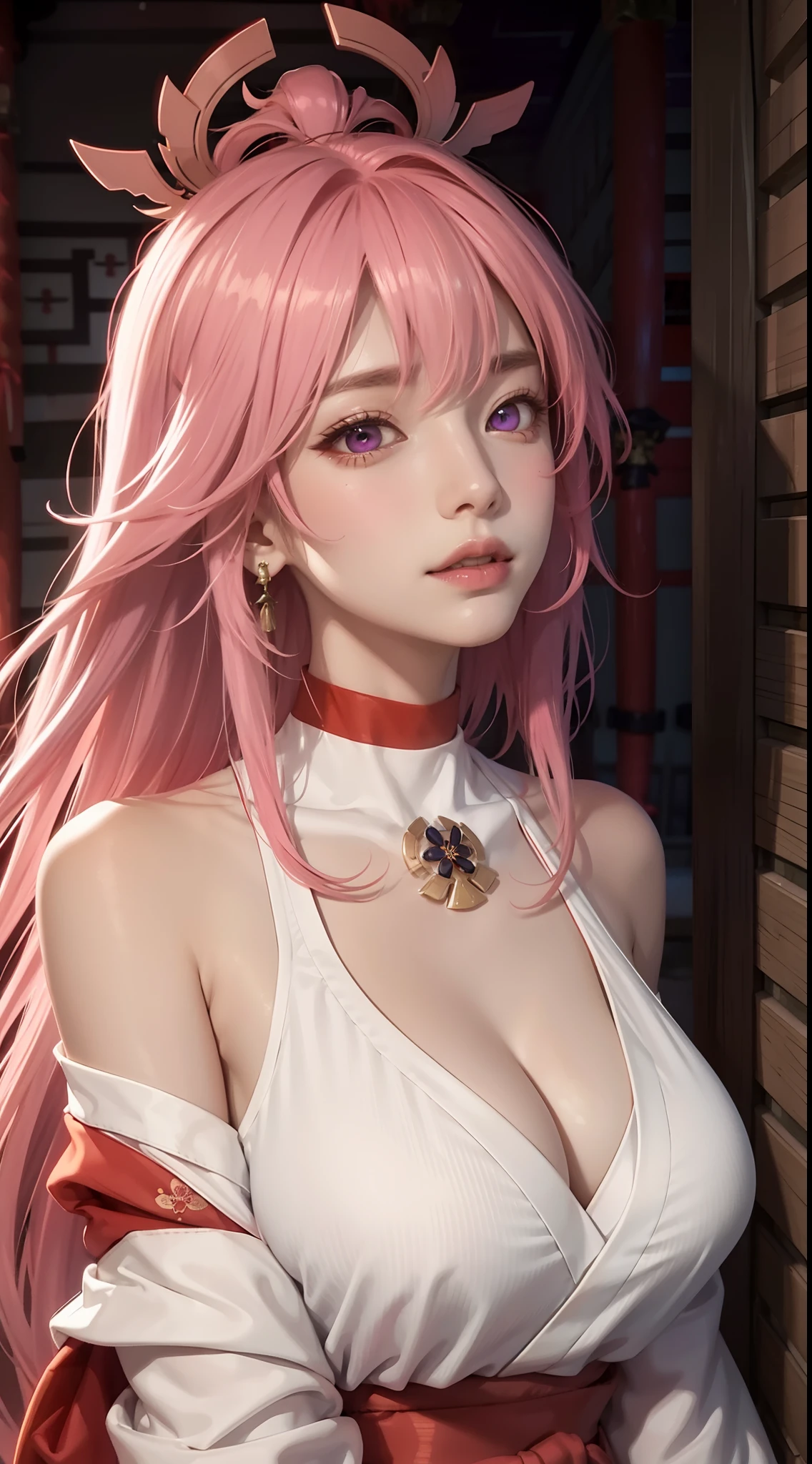 (tmasterpiece,Need,1girll,Solo,The details are complex,Look up at the perspective,color difference),photorealestic,(frontage),(cropped shoulders),cleavage,Close-up,ssmile,Raised sexy,Yae Miko,Pink Long Hair,red headgear,Red highlight,Hair above one eye,Purple eye,耳Nipple Ring,sharp look,Perfectly symmetrical figure,choker necklace,Neon shirt,Open jacket,high-necksweater,against a wall,brick walls,scribbles,dim murky lights,alley,looking at viewert,((Mean streak,Cleavage is seductive,big breasts enchanting)),(((sakurabackground))),(((Japanese temple background))), (((Glow-in-the-dark background)))