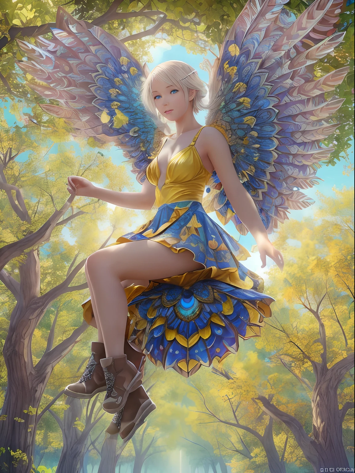 (Best Quality, Masterpiece: 1.1), (Realistic: 1.4), Beautiful naked girl is riding on the yellow owl, god ray, teen, silver short hair, blue eyes, full body, from below, hourglass body shape, flying over the park, crystallineAI, fractal art, splash