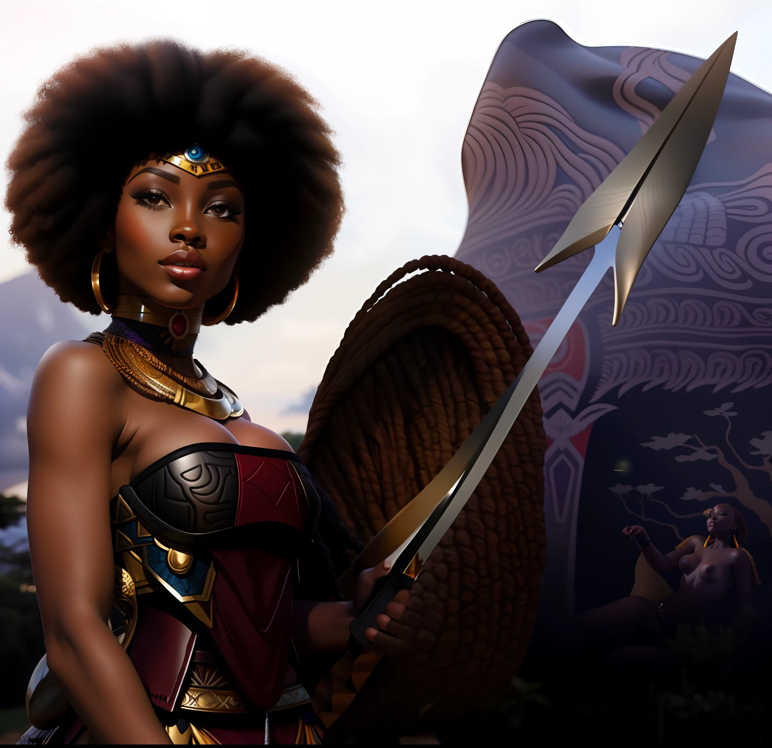 Mulher com cabelo afro segurando um escudo e um escudo na frente de uma montanha, afrocentric mysticism, Dona Africanoa da domme, Rainha Africanoa, mulher Africanoa, Princesa negra Africanoa, mulher Himba futurista bonita, samurai bonito com afro, Futurista Himba Jovem Mulher, Princesa Africana, Guerreira do Norte, Mitologia Africanoa, samurai com afro, uma bela mulher guerreira, Africano com olhar destemido