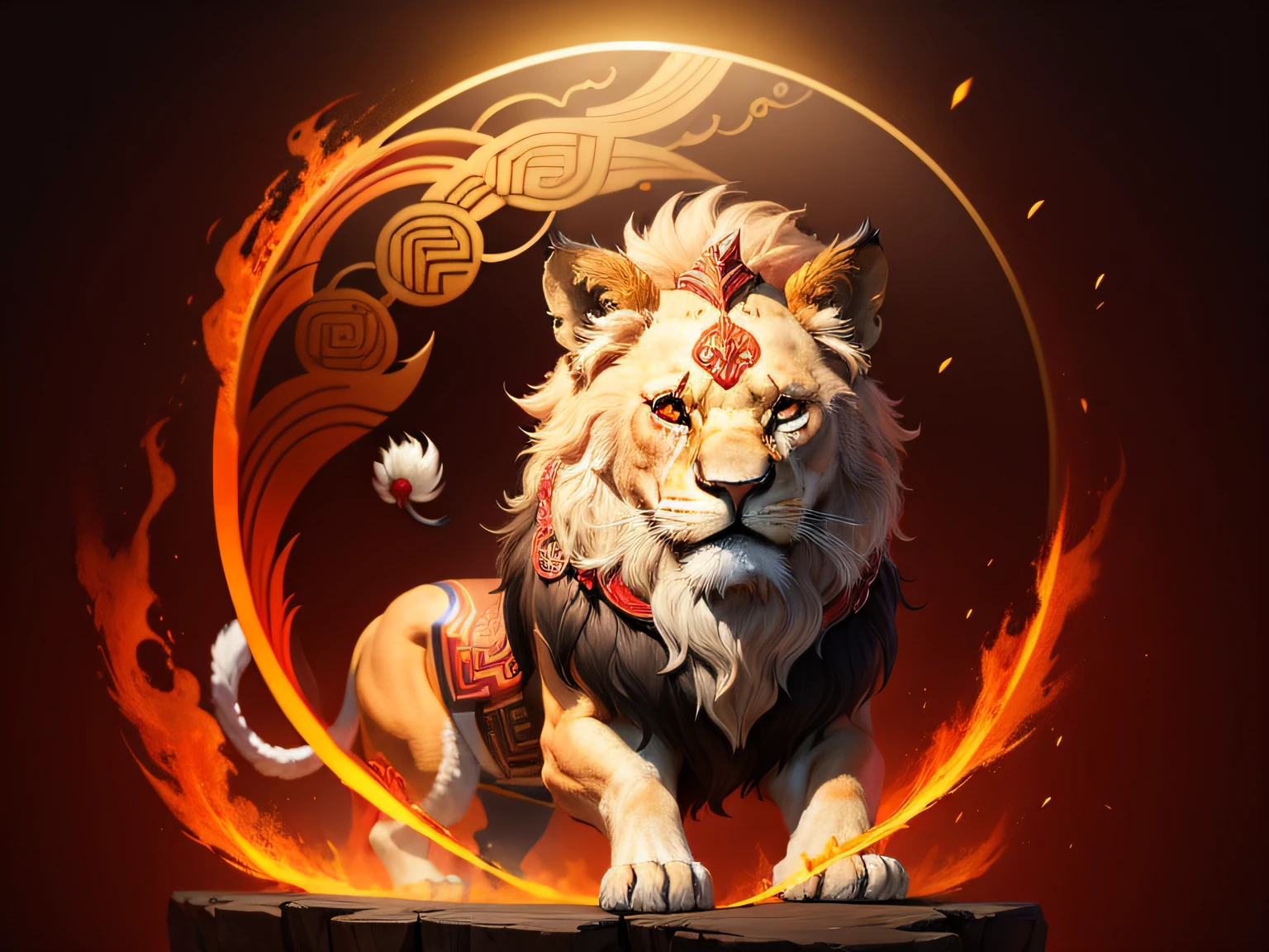 Chinese mythological story background，Inspired by the mythical creature Pixiu，Art form Lion's head，