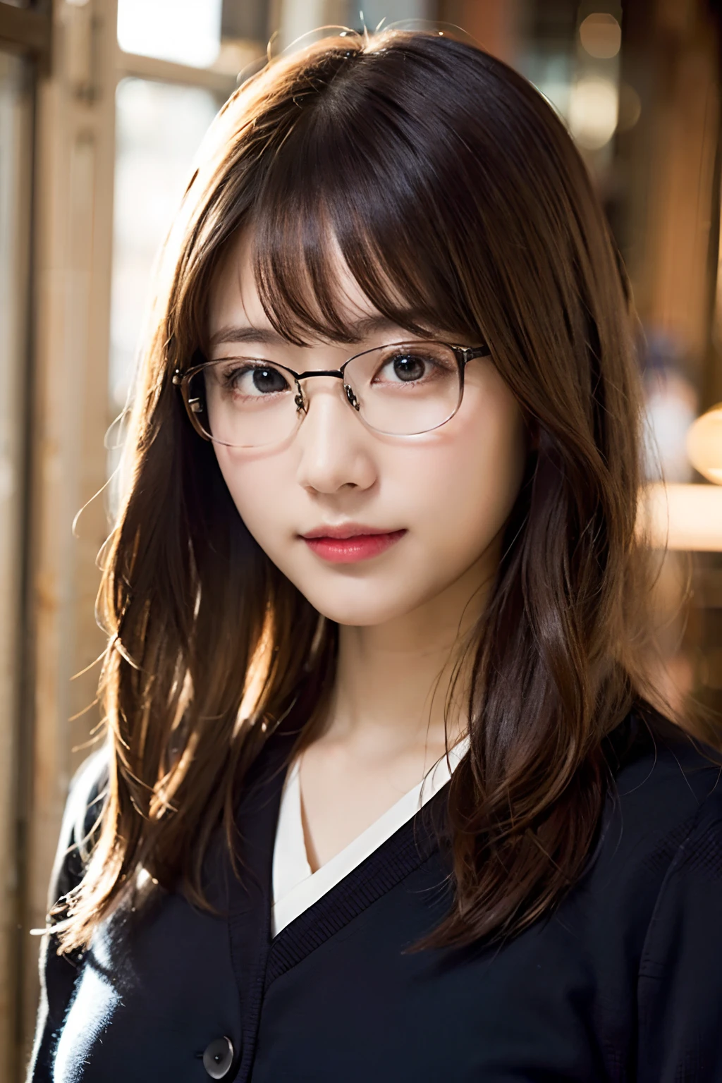 (8K、Raw photography、top-quality、masterpiece:1.2)、(realisitic、Photorealsitic:1.37)、ultra-detailliert、超A high resolution、1人、see the beholder、beautifull detailed face、Smile like a girl、Constriction、(Slim waist) :1.3)、校服、Beautiful detailed skin、Skin Texture、Floating hair、Professional Lighting、stage、Black-rimmed square glasses 、Whole human body、Brown hair