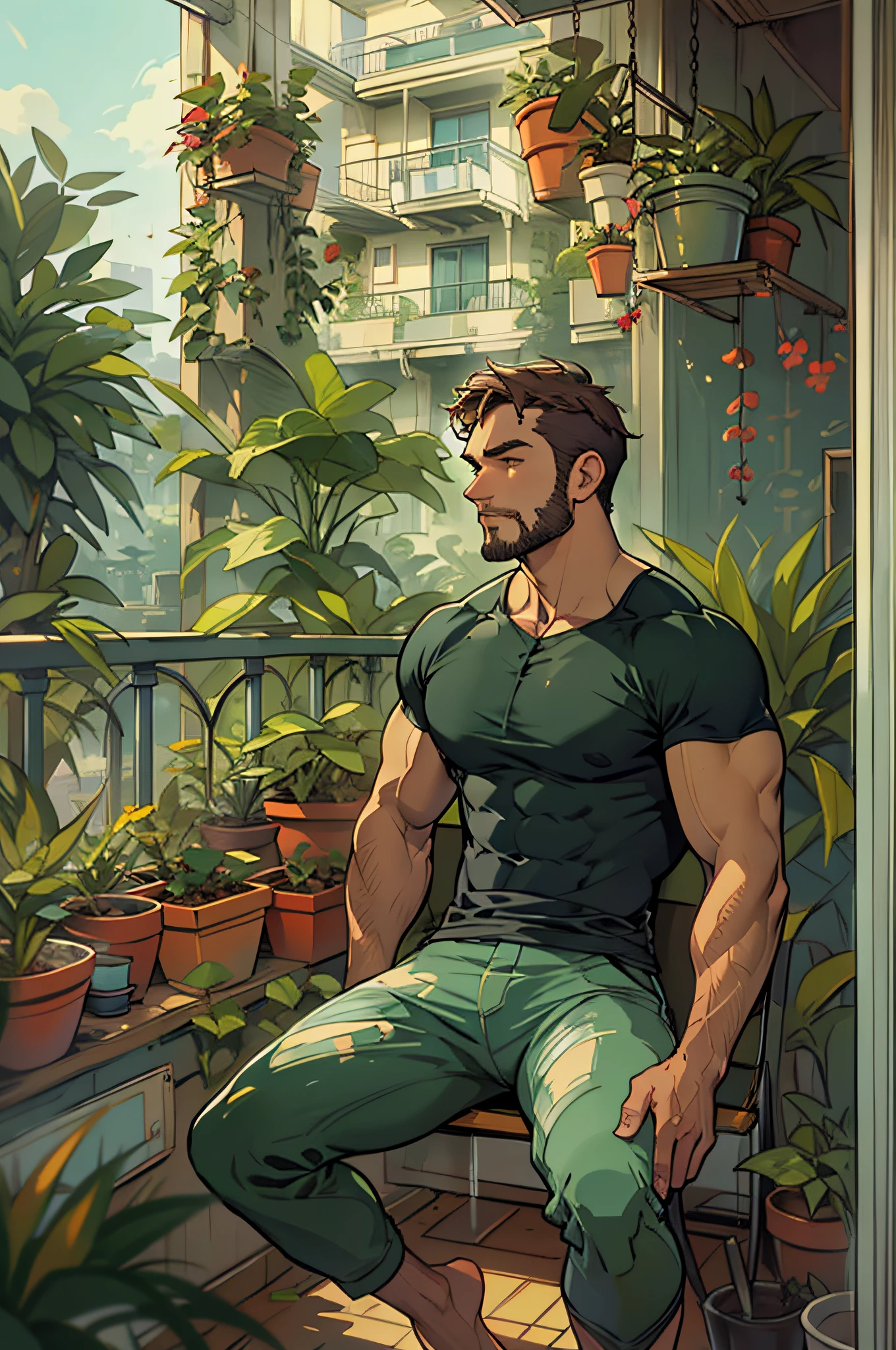 1man,masterpiece,best quality,detailed background,solo,muscular male,stubble,full body,sitting,barefoot,indoors,cozy,plant,balcony,depth of field,