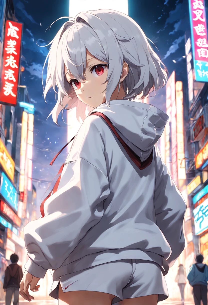 Gray-haired Japanese anime youth, VR glasses,, White hoodie, White shorts, No tattoos, No beard