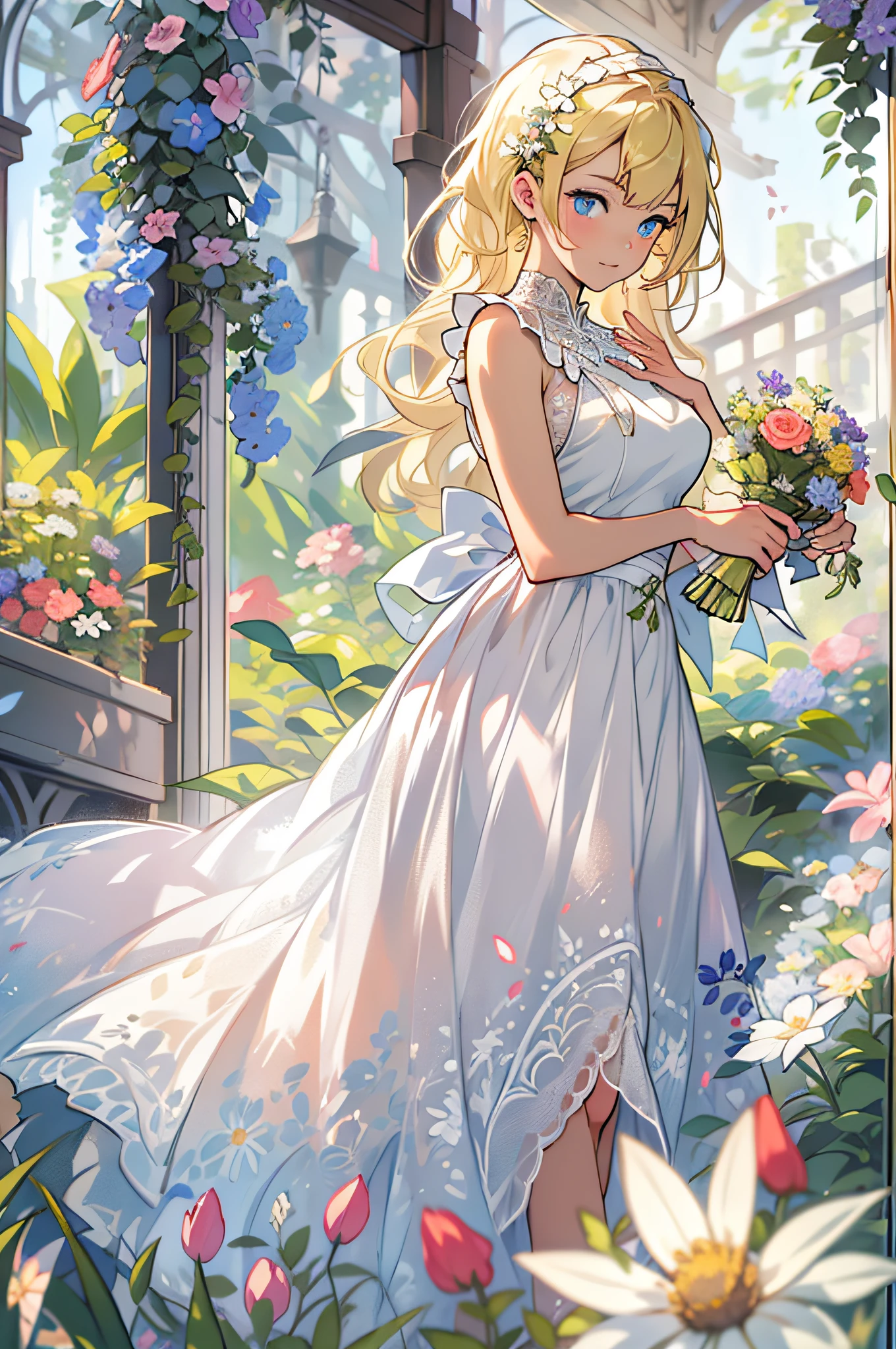 masterpiece,best quality,detailed background,(solo:1.2),1girl,blonde hair,white dress,blue eyes,flower,garden,sunbeam,depth of field,