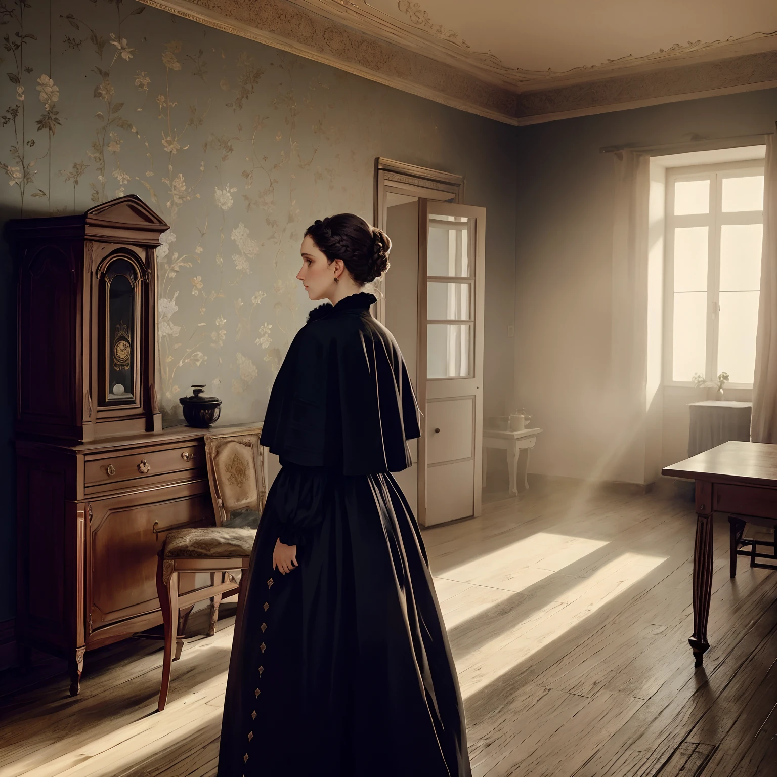 There is a woman standing in a room with a chair and a table, Erwin Olavo, Directed by: Maria Johanna Görtz, Directed by: Dietmar Damerau, hammershøi, Directed by: Anna Füssli, inspirado em Francesco Hayez, inspirado em Matthias Stom, inspired by Anna Füssli, Directed by: Johanna Marie Fosie, inspirado em Vasily Perov
