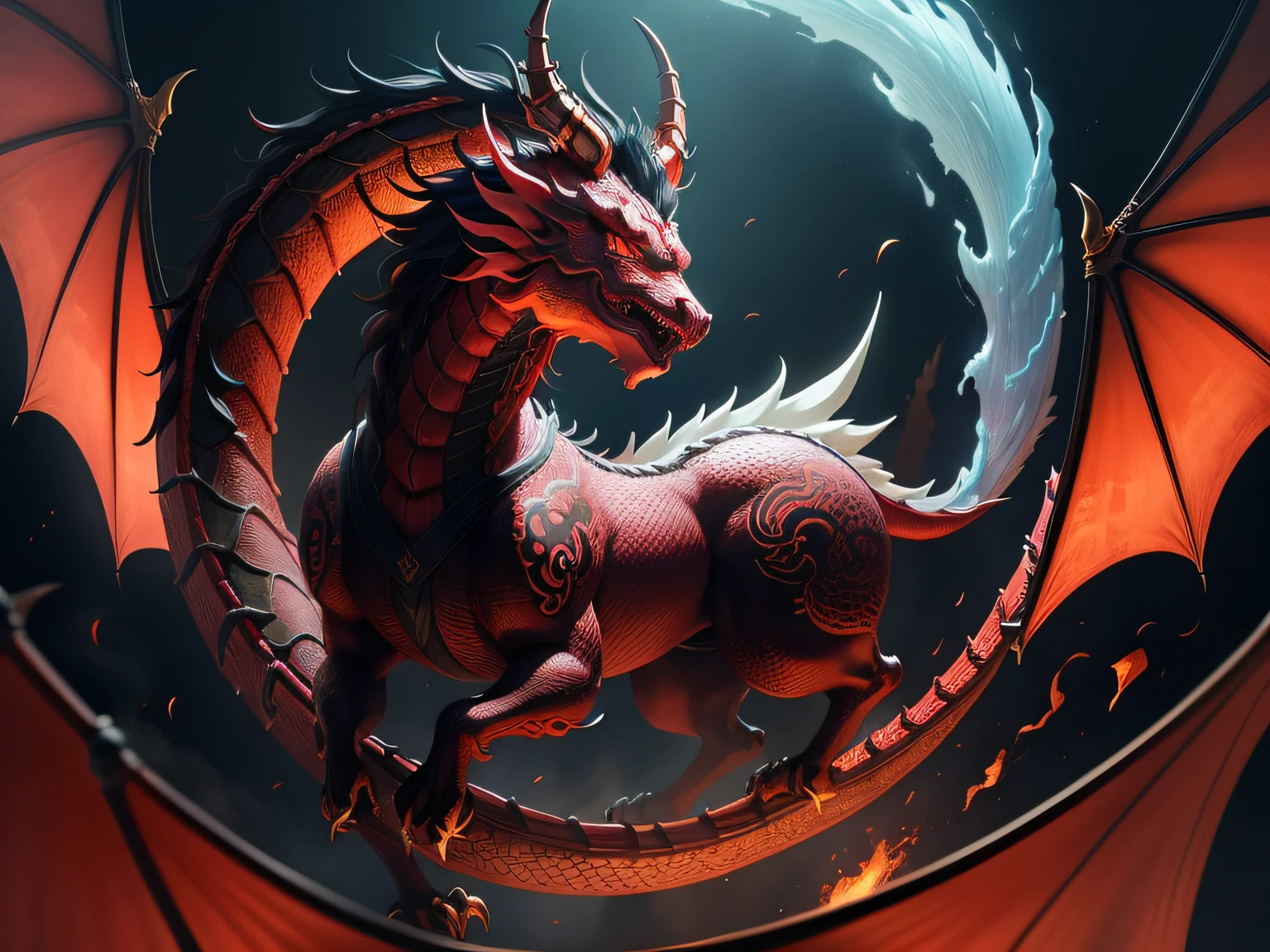 Chinese mythological story background,Inspired by the mythical creature Pixiu,Art form: Head of a Chinese dragon,Stout limbs,Dragon tail,wings