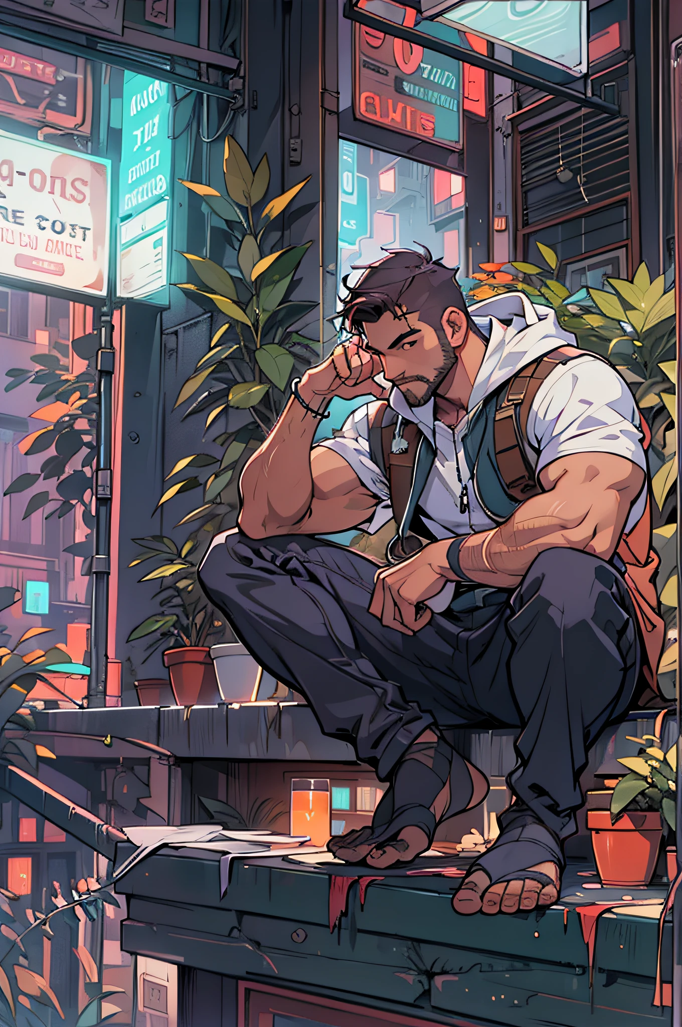 1man,masterpiece,best quality,detailed background,solo,muscular male,stubble,full body,sitting,barefoot,street,neon,cozy,plant,balcony,depth of field,