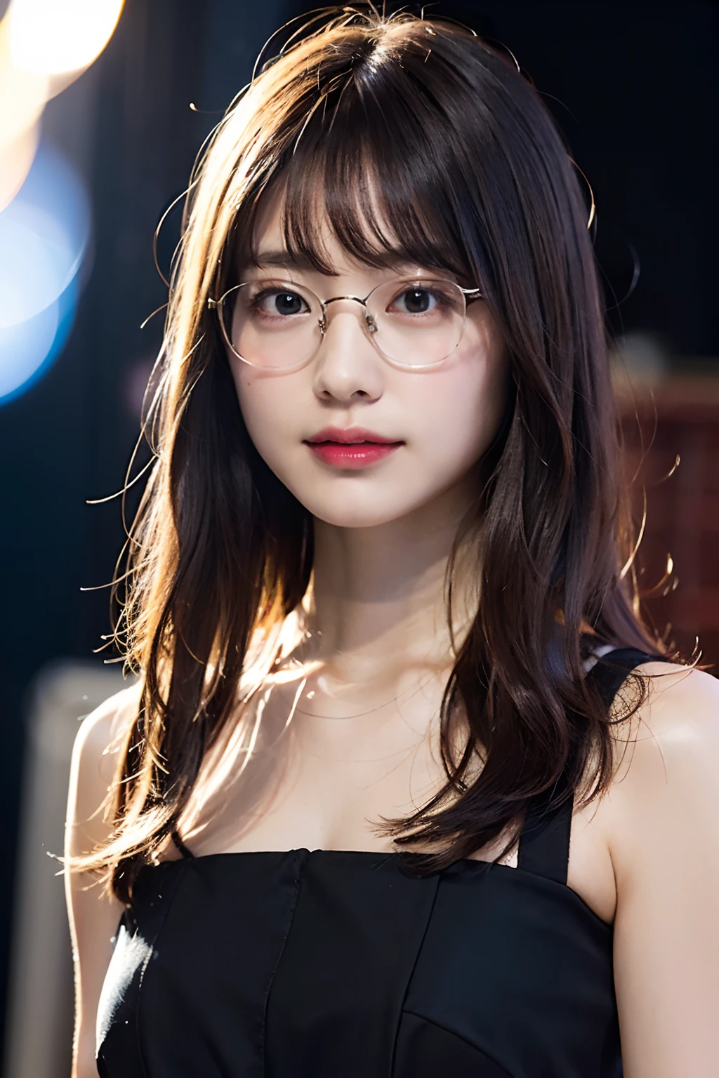 (8K、Raw photography、top-quality、masterpiece:1.2)、(realisitic、Photorealsitic:1.37)、ultra-detailliert、超A high resolution、1人、see the beholder、beautifull detailed face、A smile、Constriction、(Slim waist) :1.3)、length hair、Beautiful detailed skin、Skin Texture、Floating hair、Professional Lighting、Waiting for the train at the platform、Square glasses with black rimming 、Whole human body、Brown hair