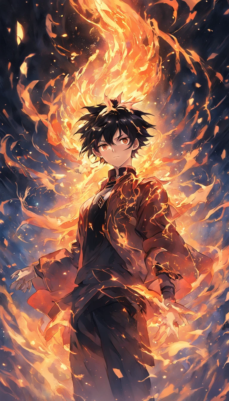 a painting that represents the essence of magic in your world, showing the black hair, shining golden eyes protagonist with a mystical black mark on his neck immersed in a cascade of magical fire energy, with glowing particles dancing around him and arcane symbols forming in the air