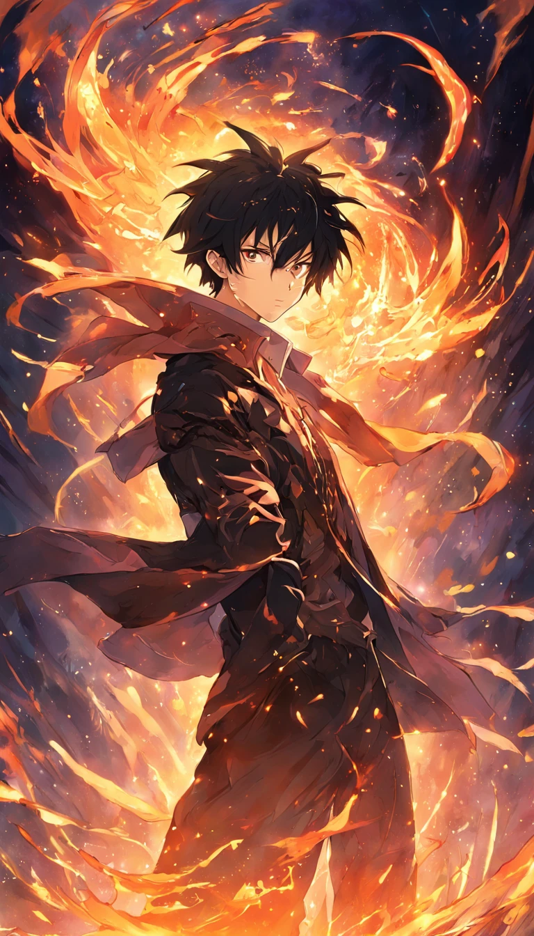 a painting that represents the essence of magic in your world, showing the black hair, shining golden eyes protagonist with a mystical black mark on his neck immersed in a cascade of magical fire energy, with glowing particles dancing around him and arcane symbols forming in the air