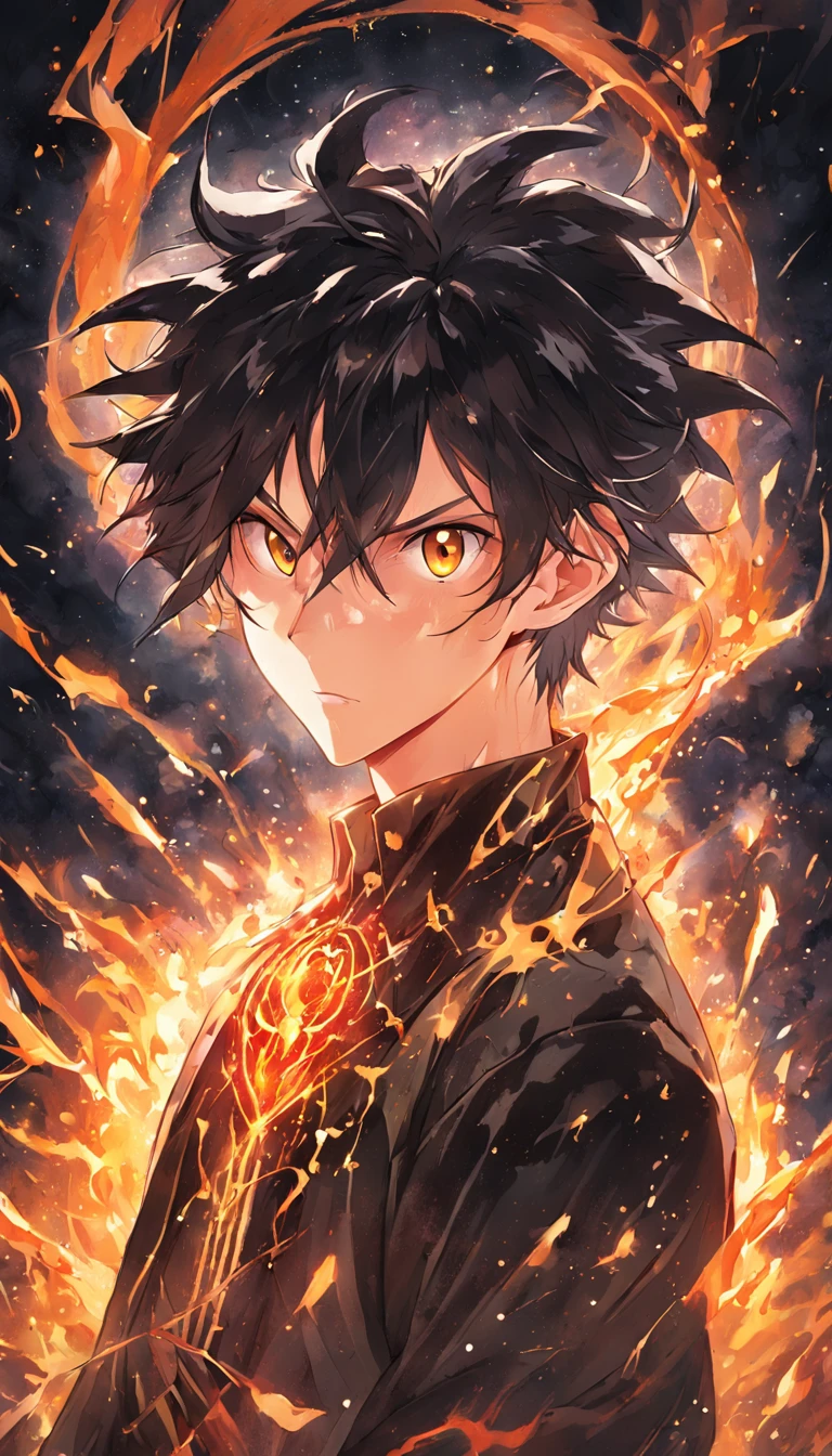 a painting that represents the essence of magic in your world, showing the black hair, shining golden eyes protagonist with a mystical black mark on his neck immersed in a cascade of magical fire energy, with glowing particles dancing around him and arcane symbols forming in the air