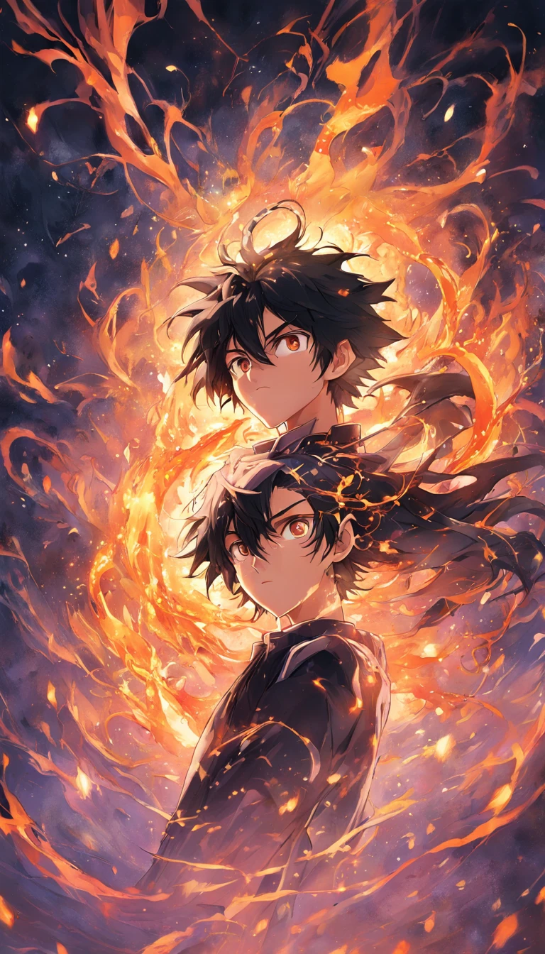 a painting that represents the essence of magic in your world, showing the black hair, shining golden eyes protagonist with a mystical black mark on his neck immersed in a cascade of magical fire energy, with glowing particles dancing around him and arcane symbols forming in the air