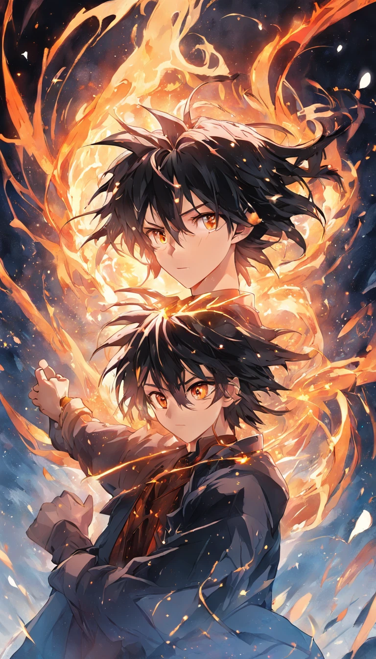 a painting that represents the essence of magic in your world, showing the black hair, shining golden eyes protagonist with a mystical black mark on his neck immersed in a cascade of magical fire energy, with glowing particles dancing around him and arcane symbols forming in the air