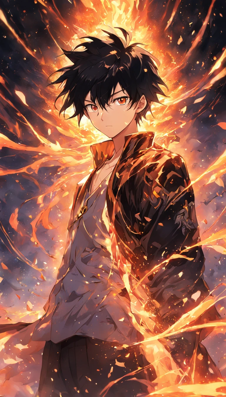 a painting that represents the essence of magic in your world, showing the black hair, shining golden eyes protagonist with a mystical black mark on his neck immersed in a cascade of magical fire energy, with glowing particles dancing around him and arcane symbols forming in the air