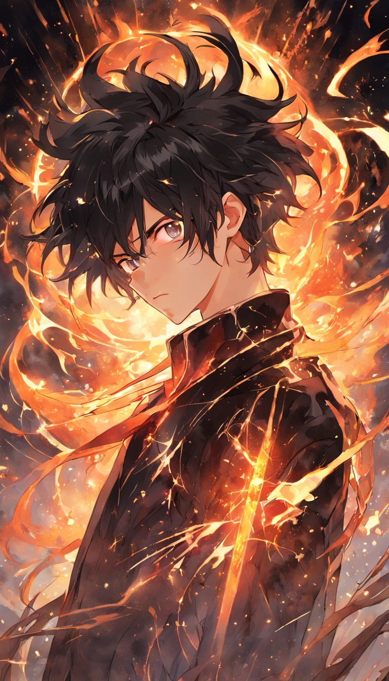 a painting that represents the essence of magic in your world, showing the black hair, shining golden eyes protagonist with a mystical black mark on his neck immersed in a cascade of magical fire energy, with glowing particles dancing around him and arcane symbols forming in the air