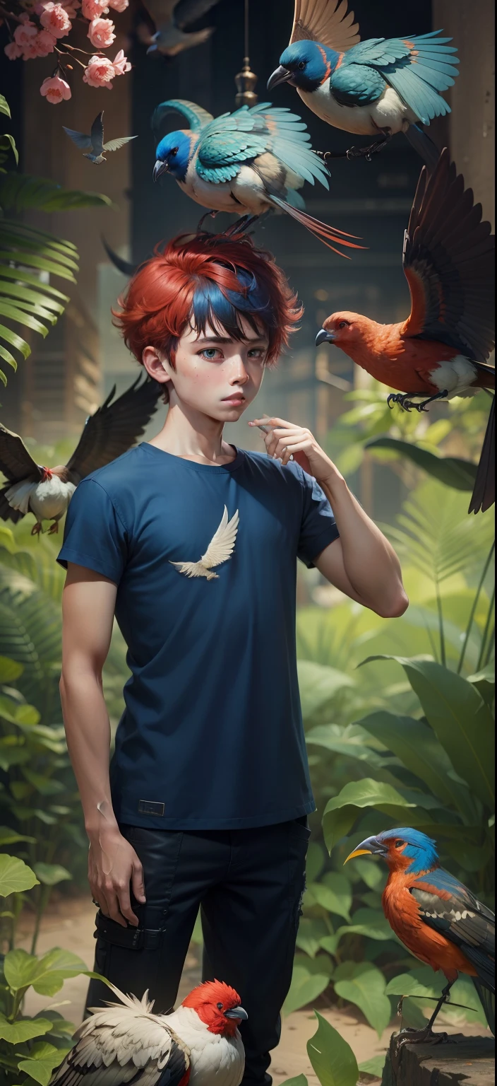 Boy With Birds futuristic background realistic fack ,fantastic cloth, bule,red hair, cyberpank high quality Picture Hd