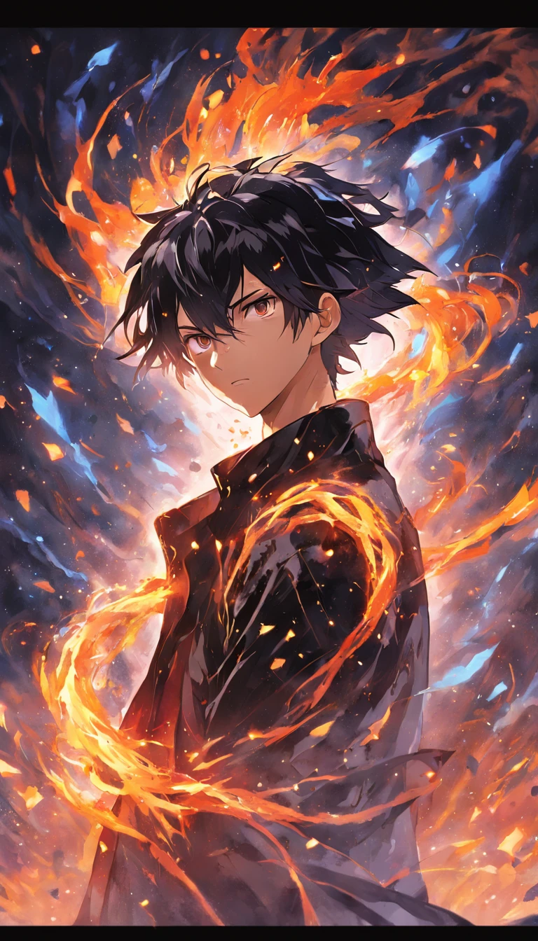 a painting that represents the essence of magic in your world, showing the black hair, shining golden eyes protagonist with a mystical black mark on his neck immersed in a cascade of magical fire energy, with glowing particles dancing around him and arcane symbols forming in the air