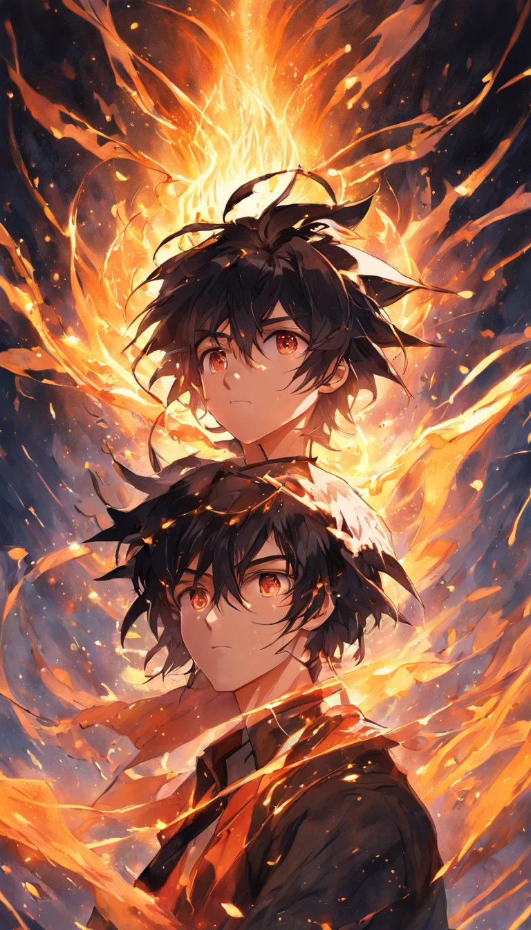 a painting that represents the essence of magic in your world, showing the black hair, shining golden eyes protagonist with a mystical black mark on his neck immersed in a cascade of magical fire energy, with glowing particles dancing around him and arcane symbols forming in the air