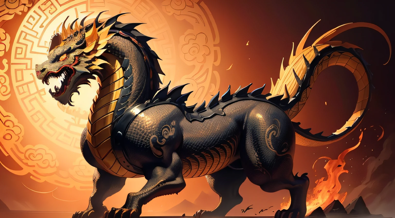 There is a golden dragon,There is a fish on the back, chinese dragon engrave, Chinese Dragon, smooth chinese dragon, Golden dragon, fire lion, a majestic gothic indian dragon, chinese dragon concept art, colored illustration for tattoo, ancient chinese ornate, mythological creatures, digital painting of quetzalcoatl, majestic japanese dragon, Dragon, asian dragon as latte art