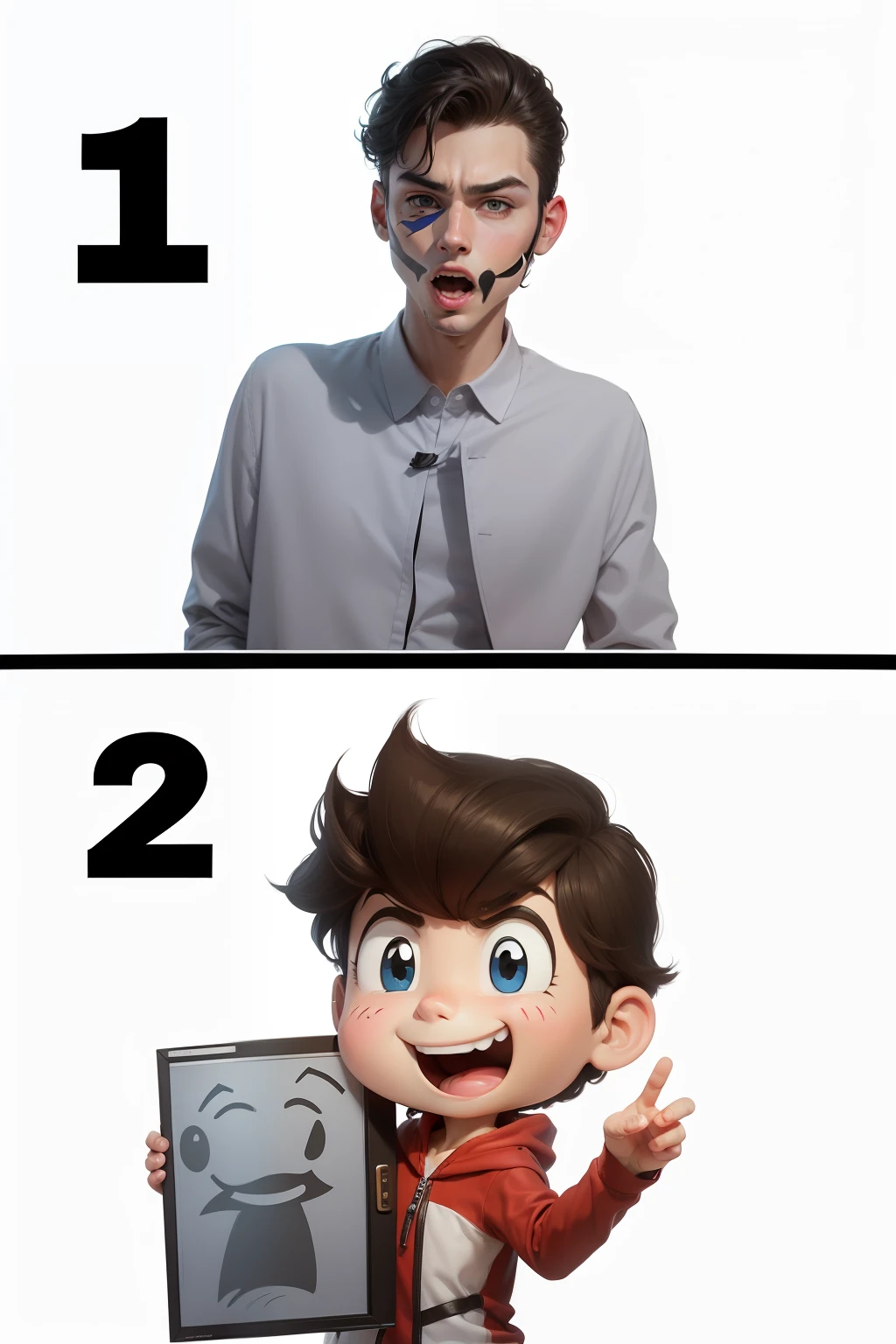add Pictures 1 face make cartoon and add in pictures 2